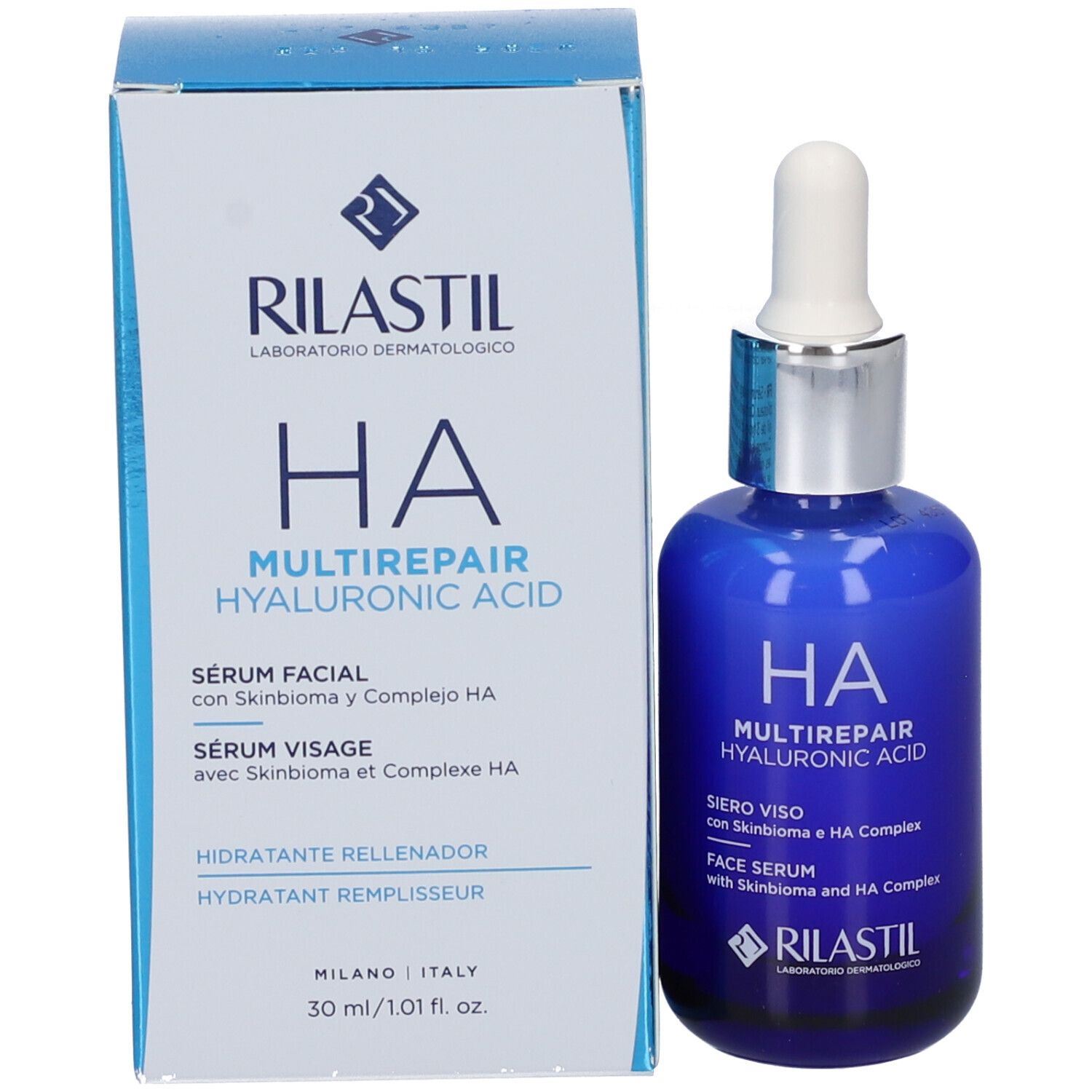 Confezione del prodotto e flacone di vetro blu con contagocce bianco. Scritta: HA MULTIREPAIR HYALURONIC ACID. Marchio: RILASTIL.