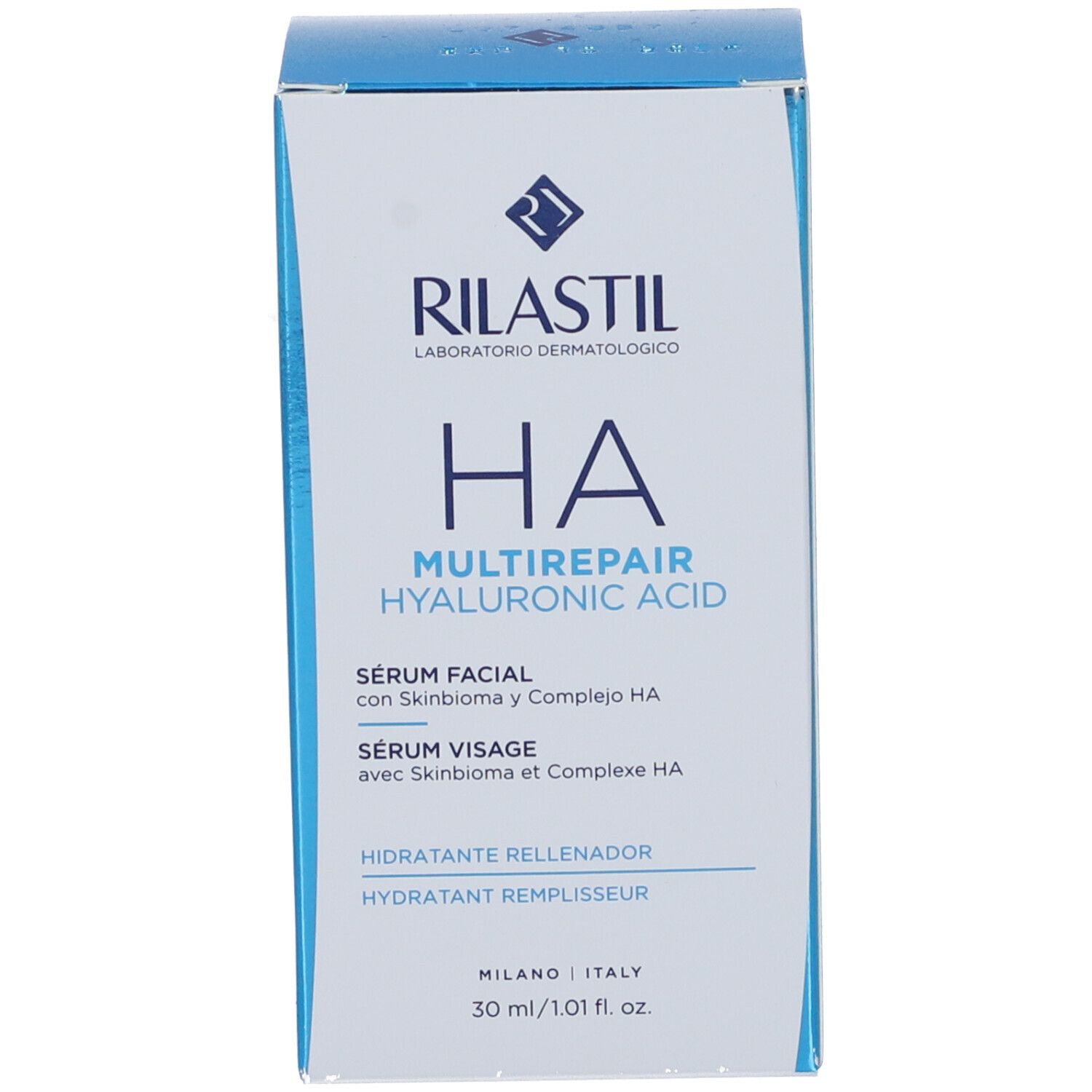 Confezione del prodotto. Scritta: HA MULTIREPAIR HYALURONIC ACID. Marchio: RILASTIL. Volume: 30 ml.