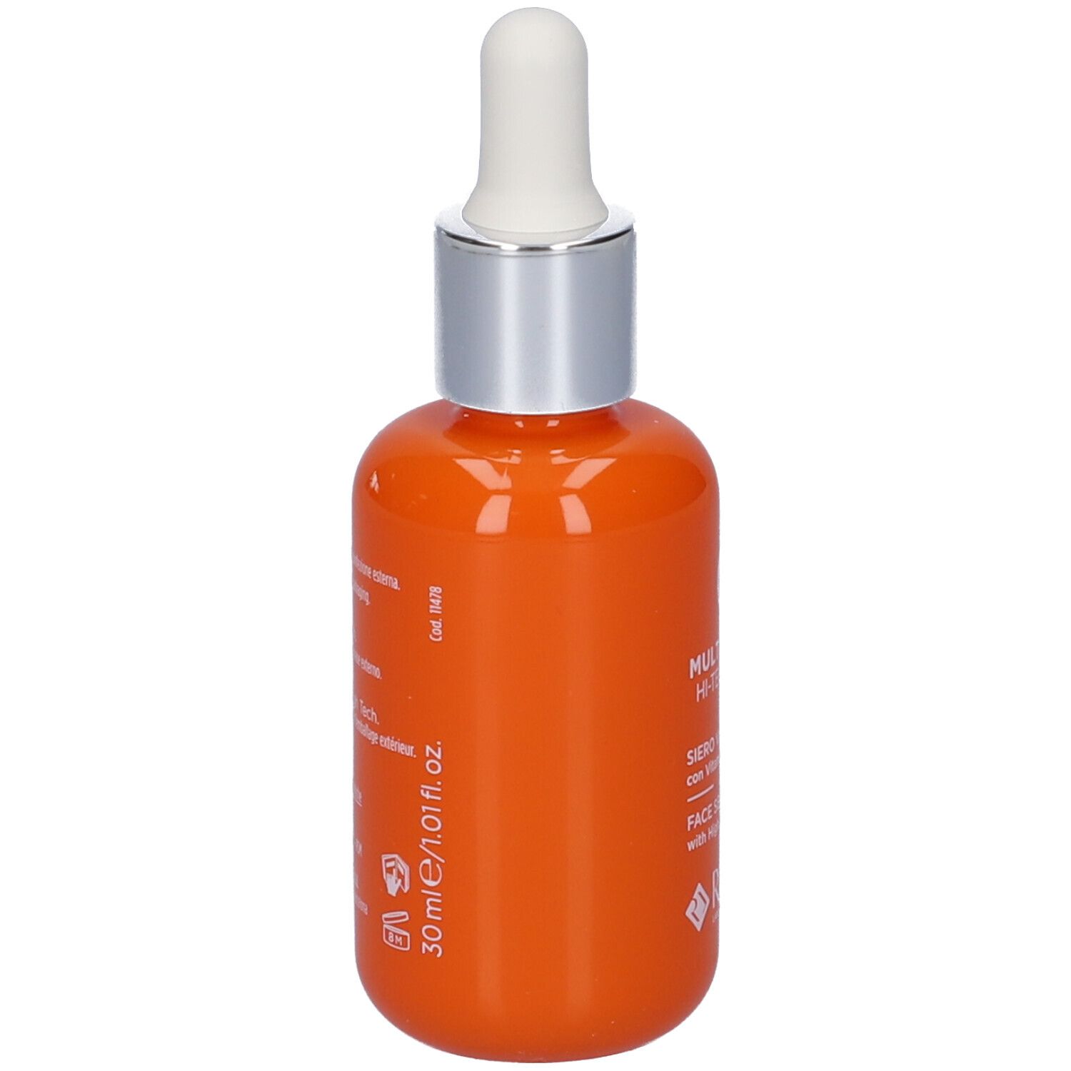 Flacone arancione con contagocce bianco. Scritte e testo in più lingue. 30 ml.