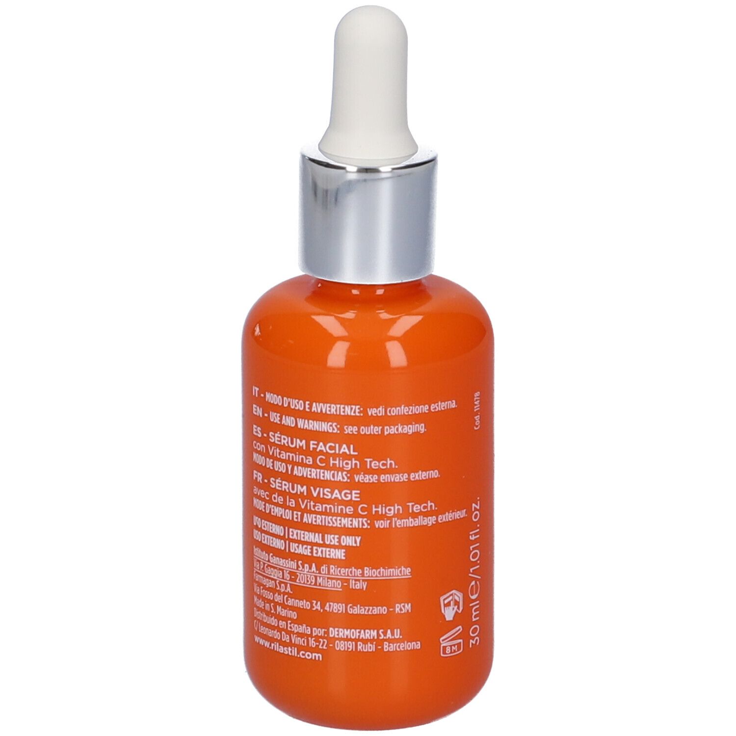 Flacone arancione con contagocce bianco. Testo in più lingue. 30 ml.