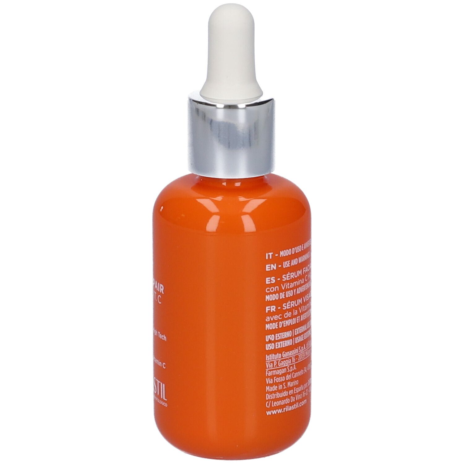 Flacone arancione con contagocce bianco. Testo in più lingue. 30 ml.