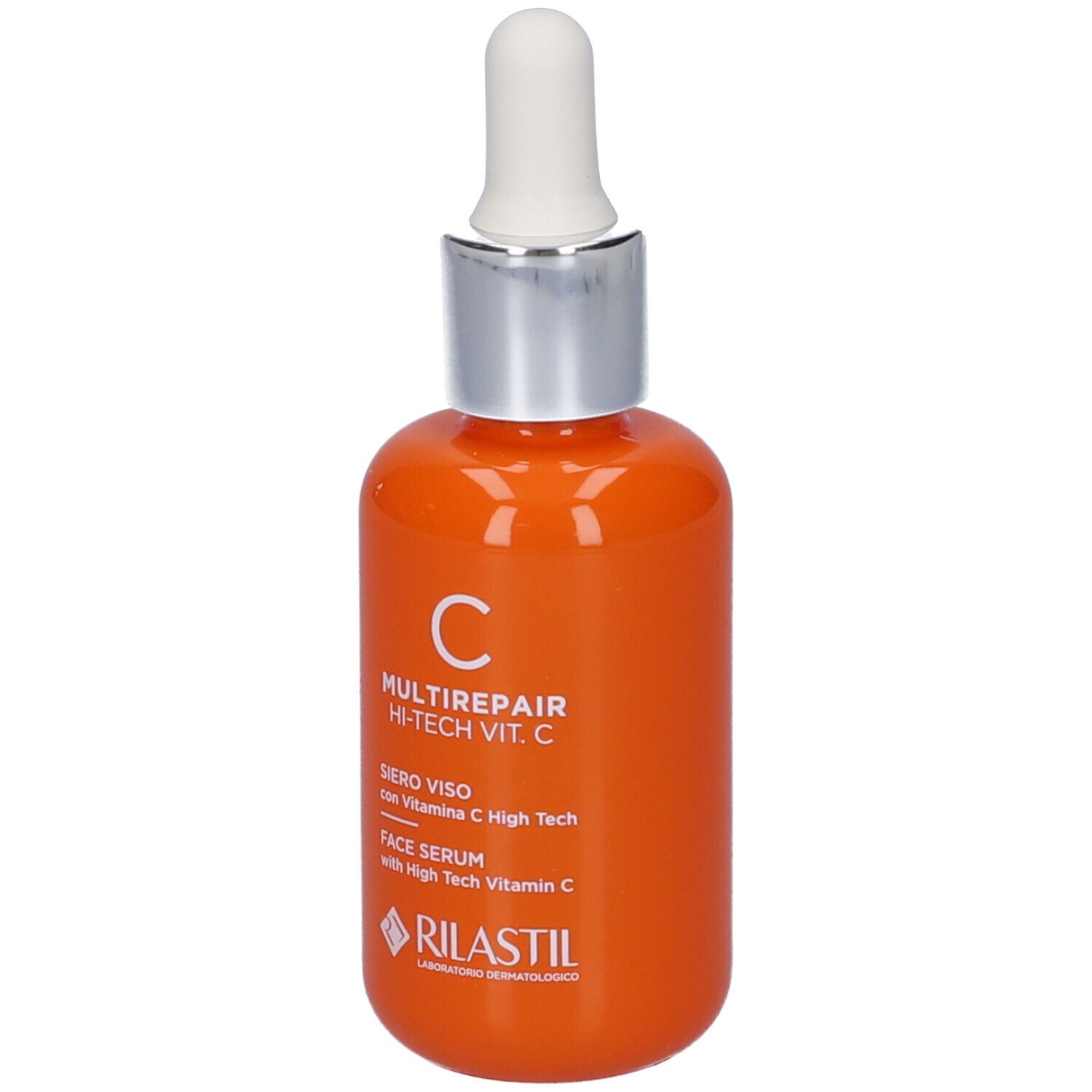 Flacone arancione con contagocce bianco. Scritta: C MULTIREPAIR HI-TECH VIT. C. Siero viso.