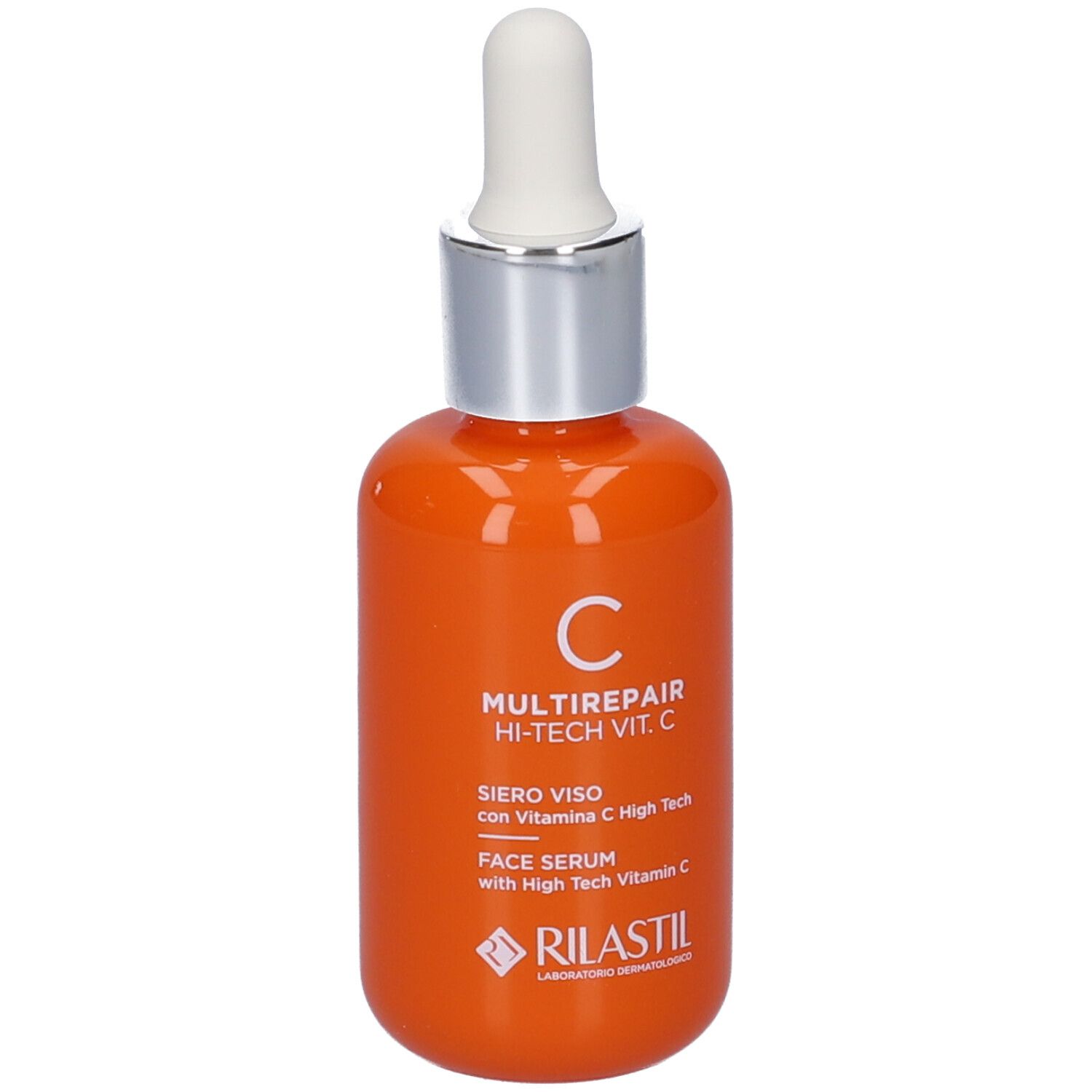Flacone arancione con contagocce bianco. Scritta: C MULTIREPAIR HI-TECH VIT. C. Siero viso.