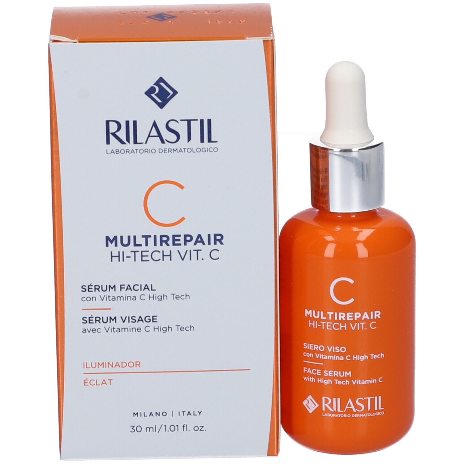 Confezione e flacone. Scritta: C MULTIREPAIR HI-TECH VIT. C. Siero viso. 30 ml.
