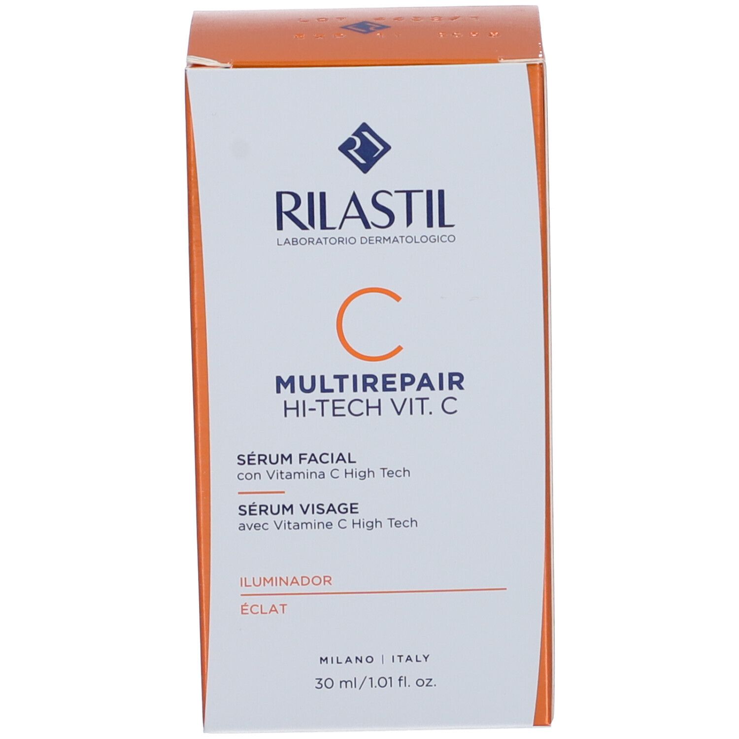 Confezione del prodotto. Scritta: C MULTIREPAIR HI-TECH VIT. C. Siero viso. 30 ml.