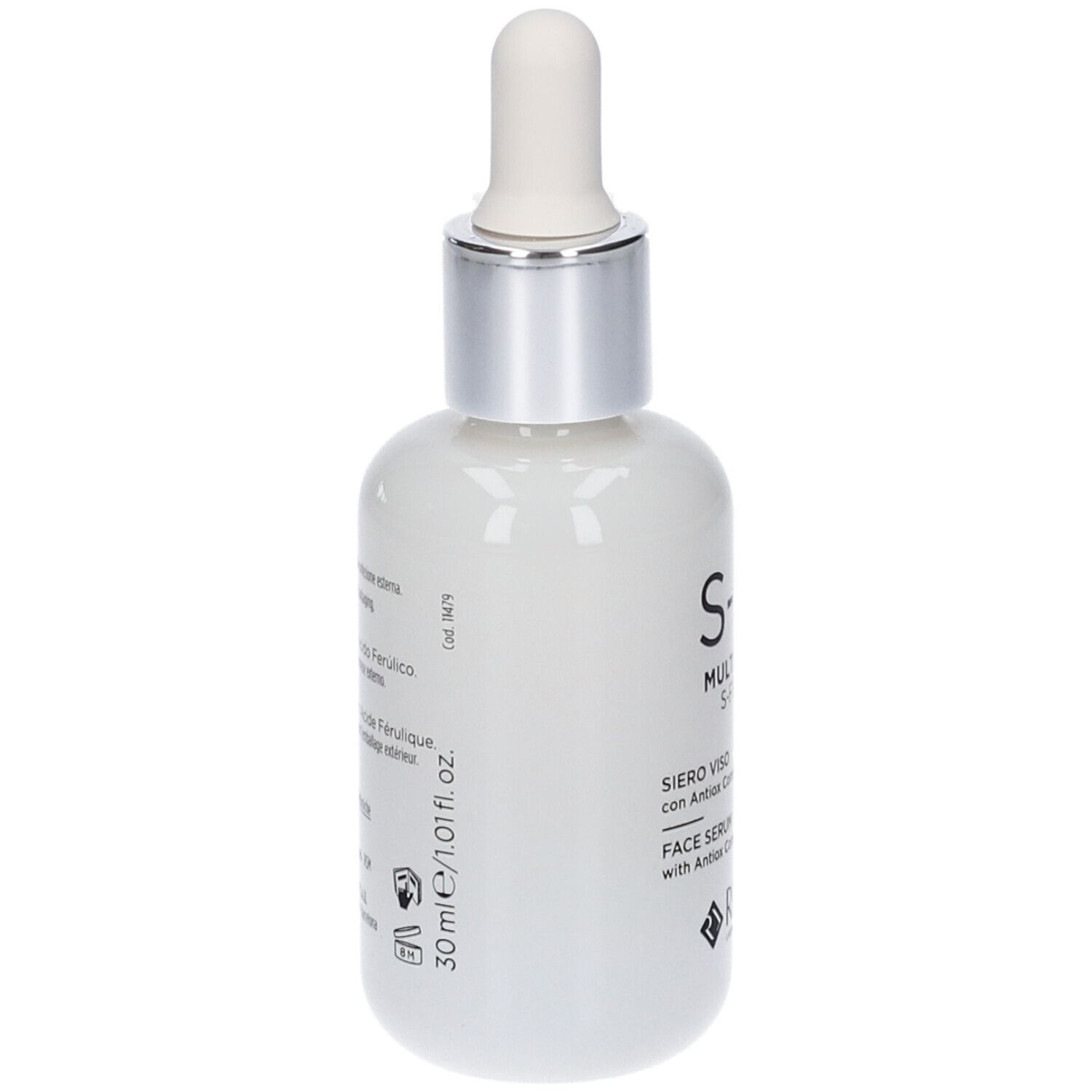 Flacone di siero bianco con tappo argento e pipetta. Scritte e testo multilingue. 30ml/1.01 fl.oz.