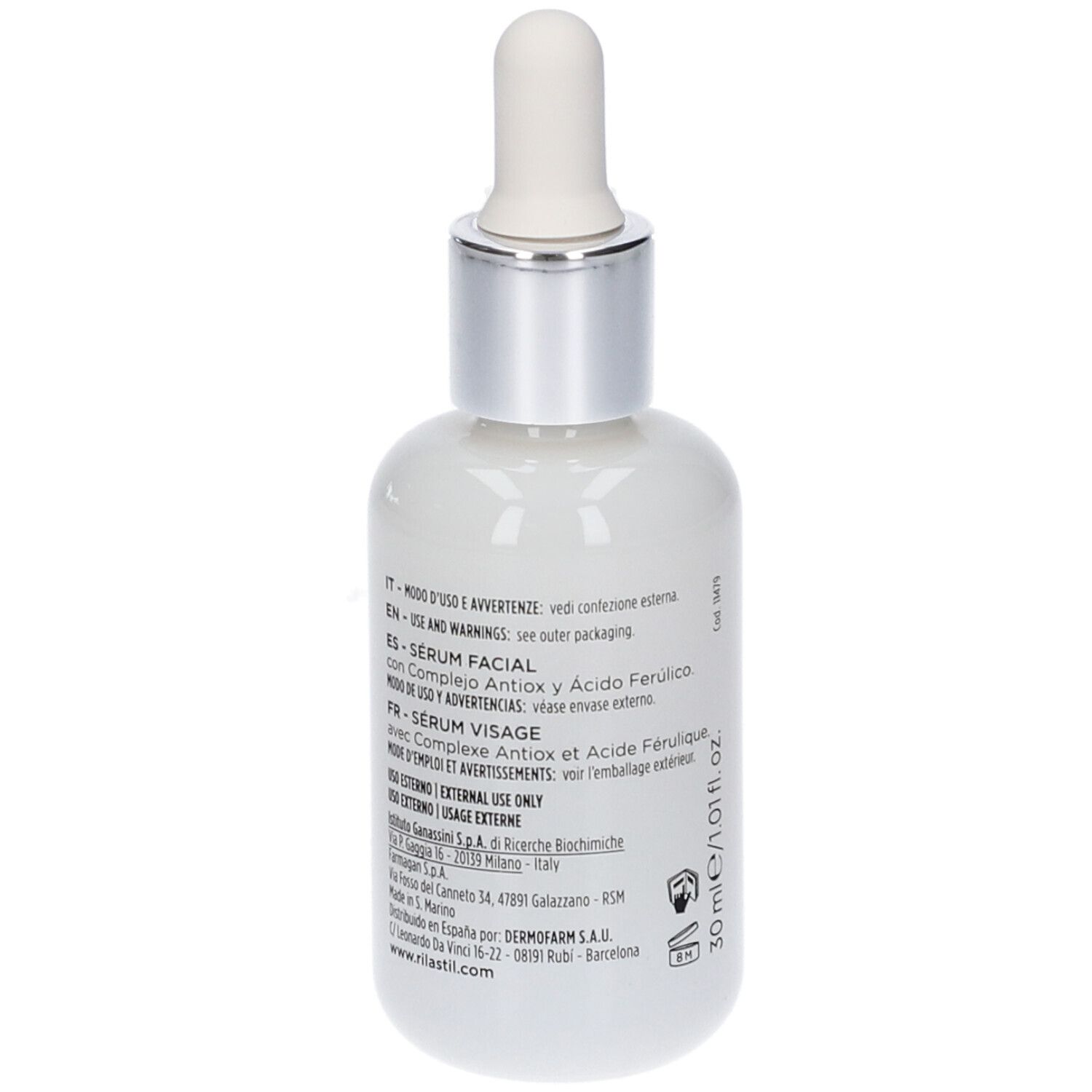 Flacone di siero bianco con tappo argento e pipetta. Testo multilingue. 30ml/1.01 fl.oz. Logo RILASTIL.