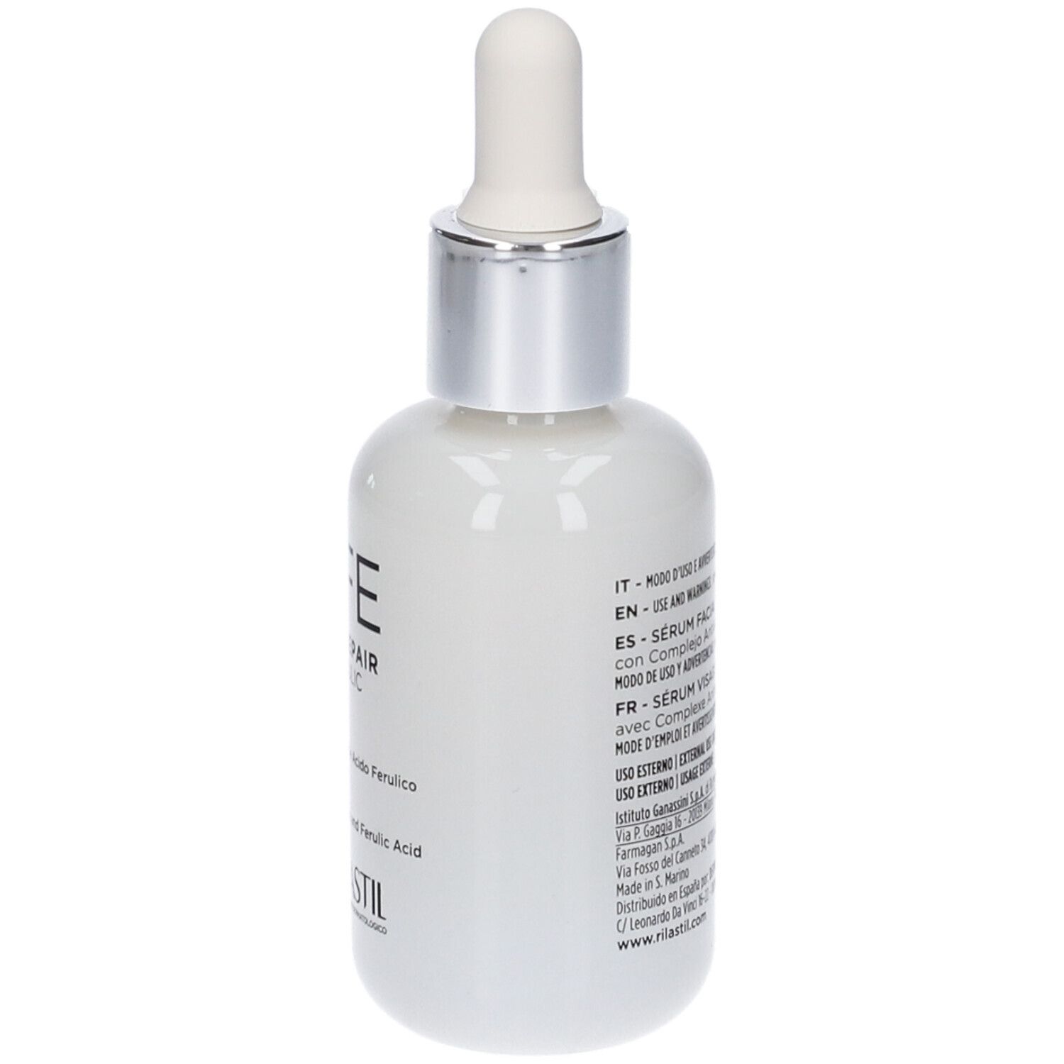Flacone di siero bianco con tappo argento e pipetta. Testo multilingue. Logo RILASTIL. 30ml/1.01 fl.oz.
