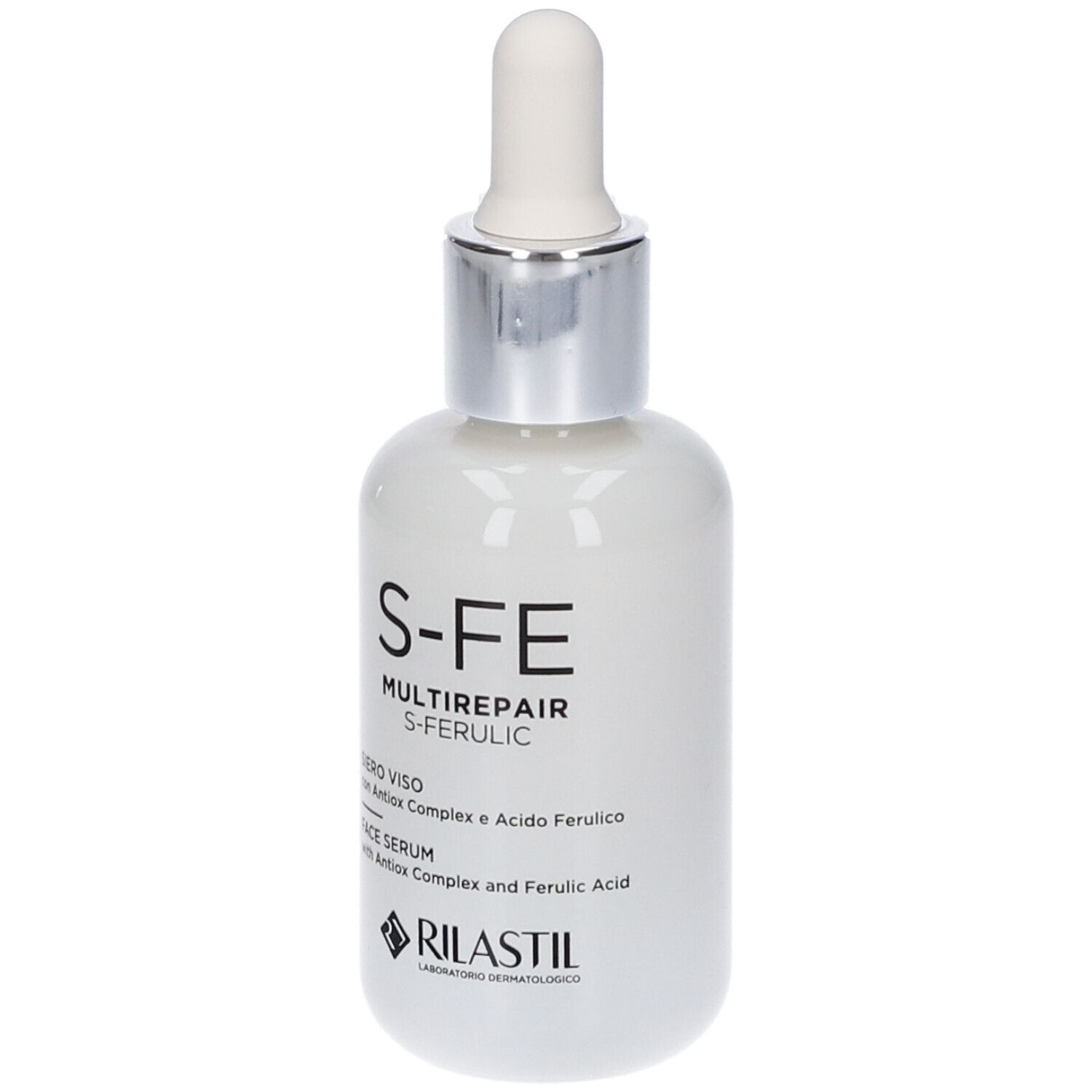 Flacone di siero bianco con tappo argento e pipetta. Scritta: S-FE MULTIREPAIR S-FERULIC. Logo RILASTIL.