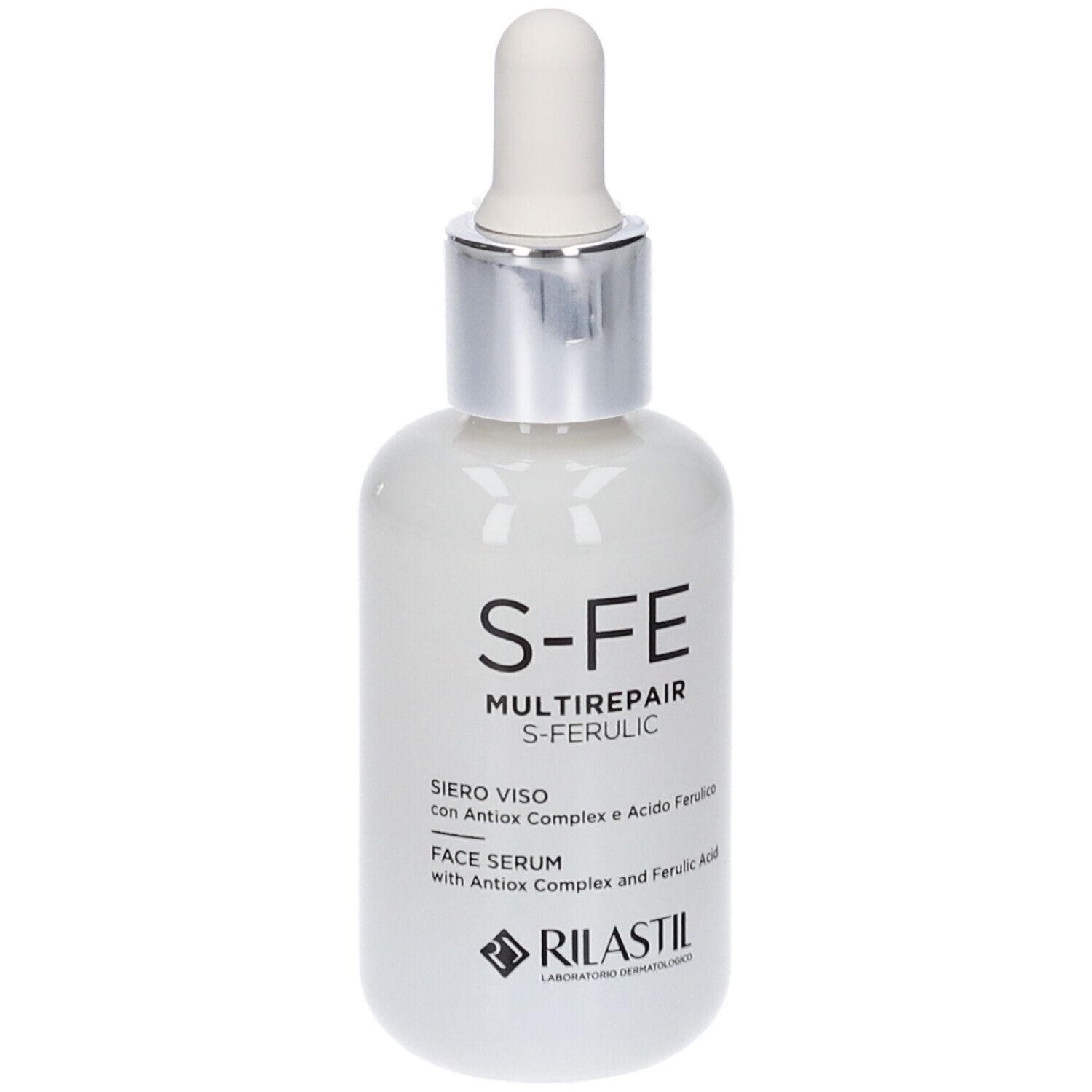 Flacone di siero bianco con tappo argento e pipetta. Scritta: S-FE MULTIREPAIR S-FERULIC. Logo RILASTIL.