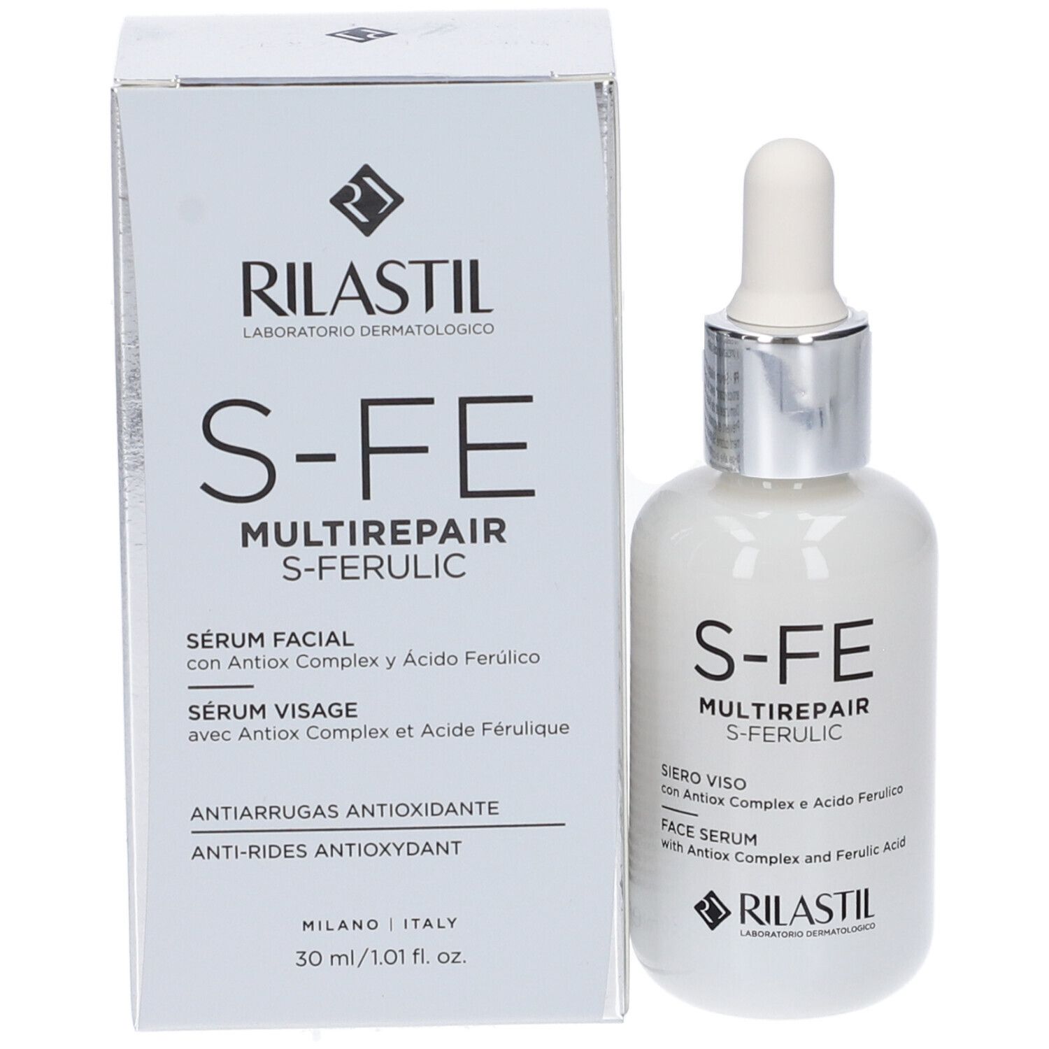Confezione e flacone. Scritta: S-FE MULTIREPAIR S-FERULIC. Logo RILASTIL. 30 ml/1.01 fl. oz.