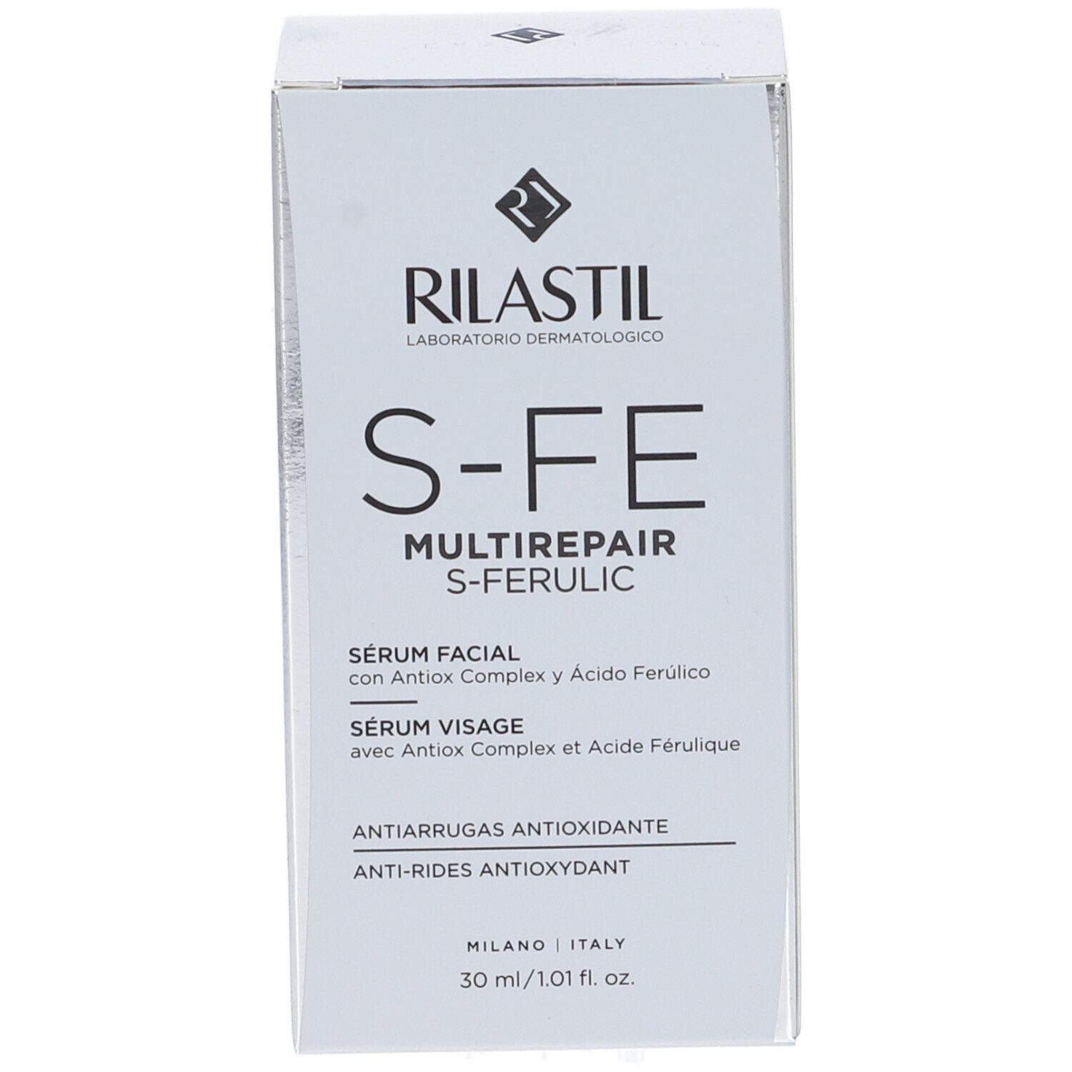 Confezione del prodotto. Scritta: S-FE MULTIREPAIR S-FERULIC. Logo RILASTIL. 30 ml/1.01 fl. oz.