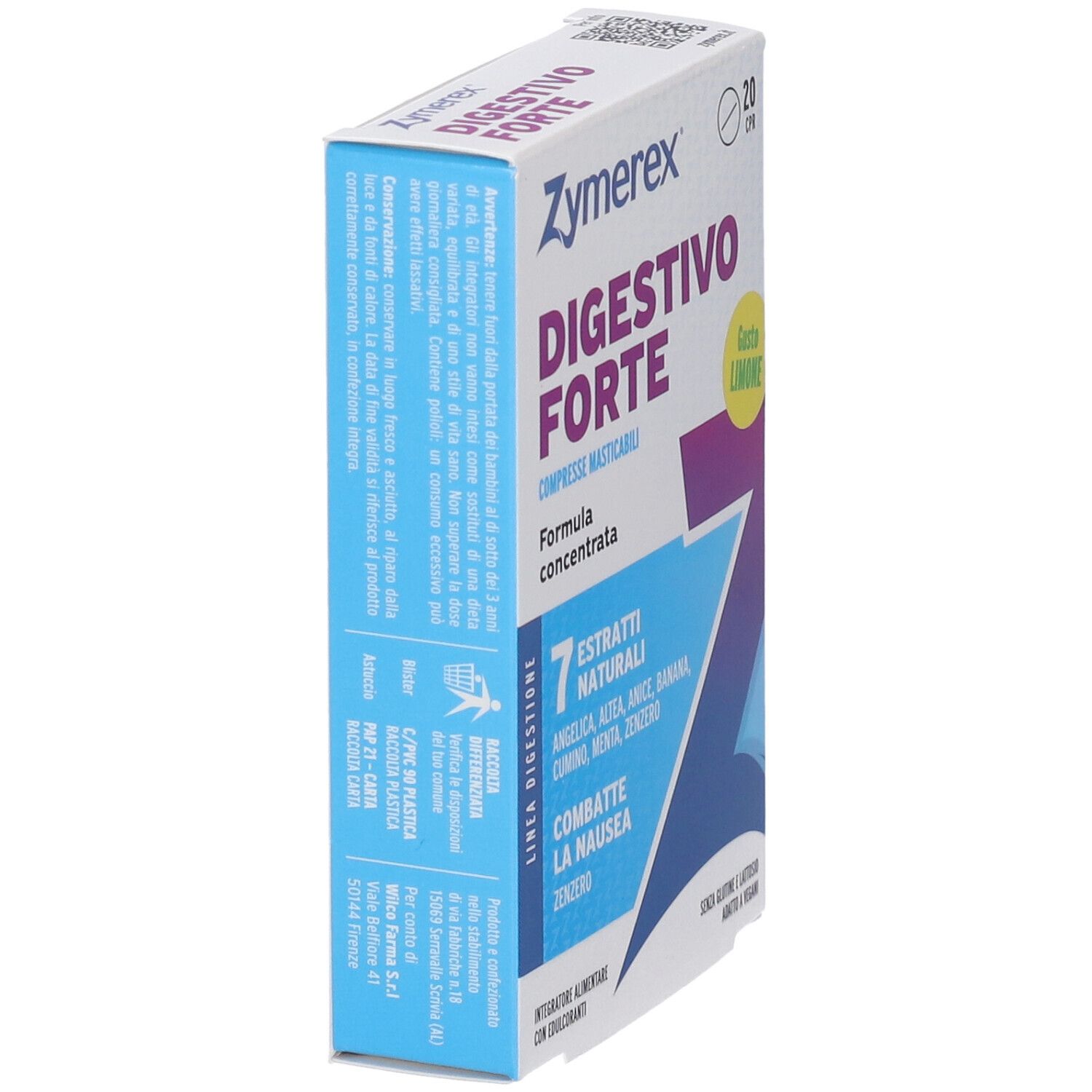 Zymerex Digestivo Forte Limone compresse masticabili. Vista laterale della confezione con informazioni dettagliate.