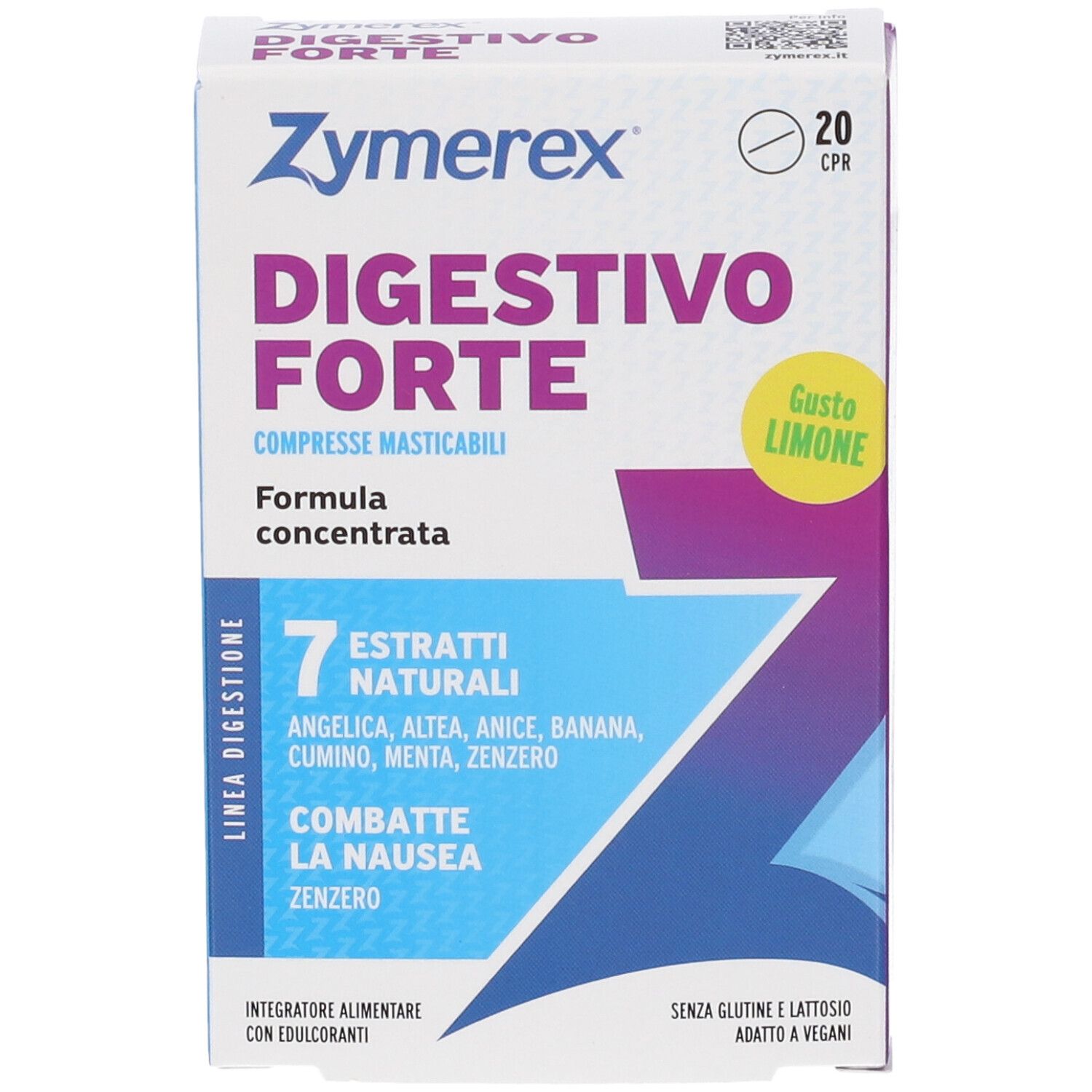 Zymerex Digestivo Forte Limone 20 compresse masticabili. Fronte della confezione con nome prodotto e gusto.