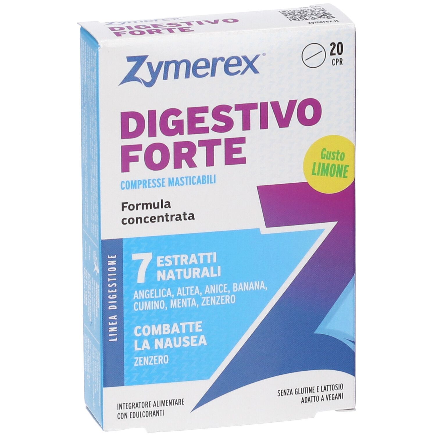 Zymerex Digestivo Forte Limone 20 compresse masticabili. Confezione con focus su 'Formula concentrata' e '7 estratti naturali'.