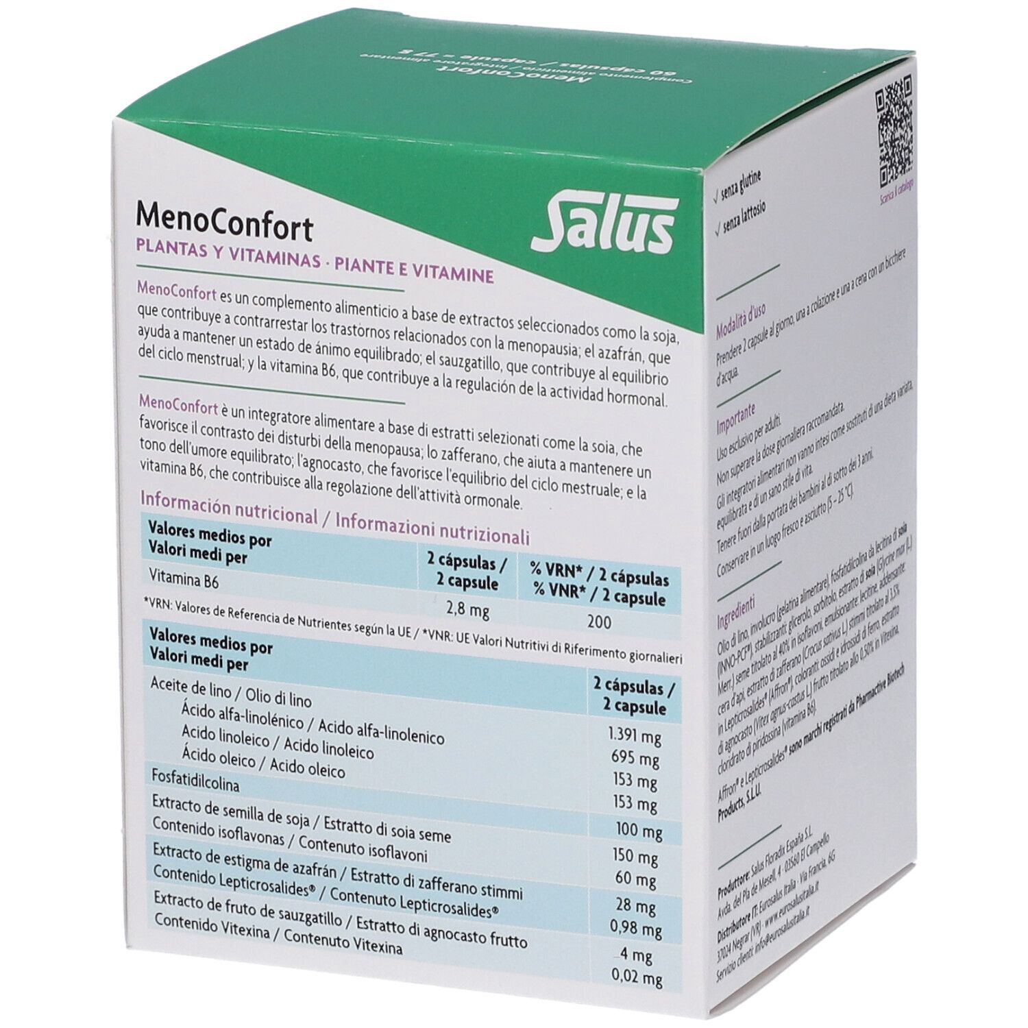 Scatola Salus Menoconfort. Lato con informazioni nutrizionali. Scritto: Menoconfort, piante e vitamine.