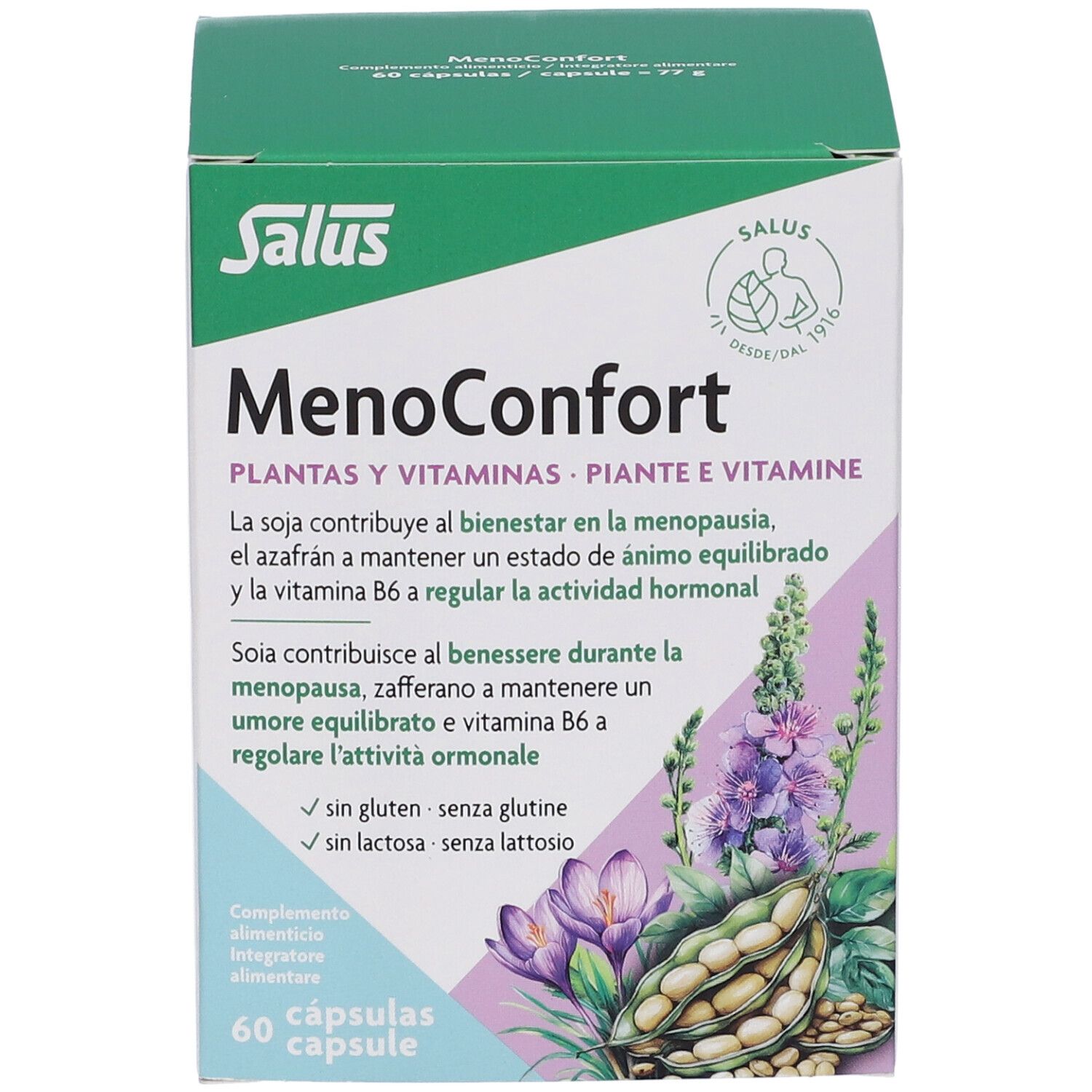 Scatola Salus Menoconfort. Scritto: Menoconfort, piante e vitamine. 60 capsule. Illustrazione di piante e semi.