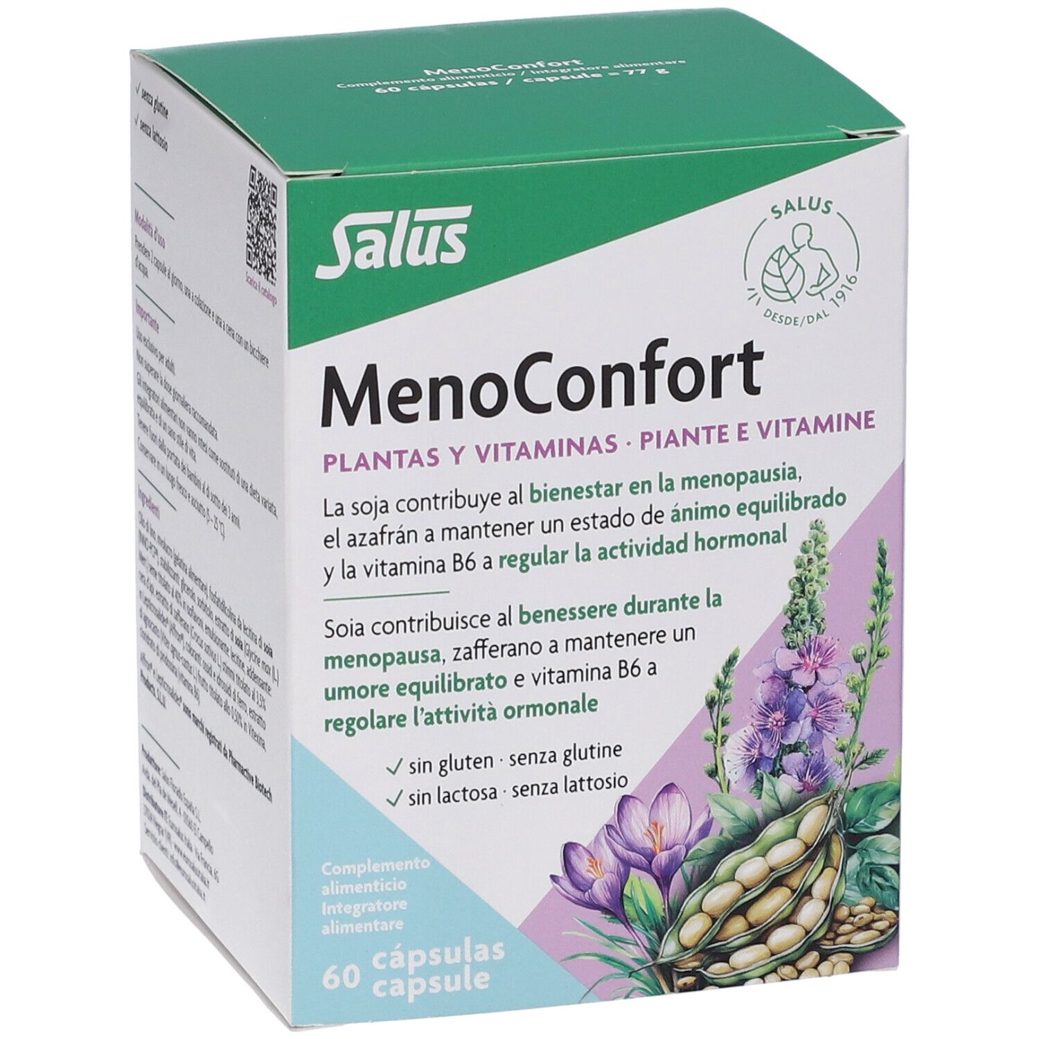 Scatola Salus Menoconfort. Scritto: Menoconfort, piante e vitamine. 60 capsule. Illustrazione di piante e semi.