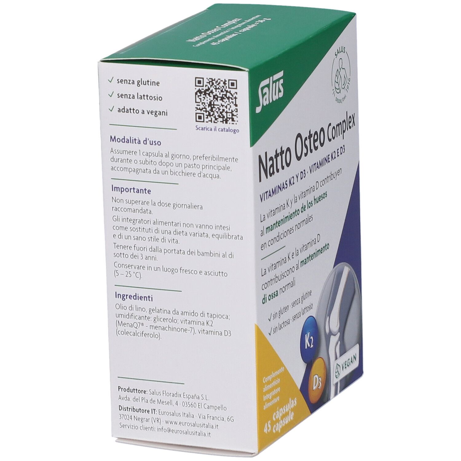 Scatola Salus Natto Osteo Complex. Retro con testo multilingue. Codice QR.