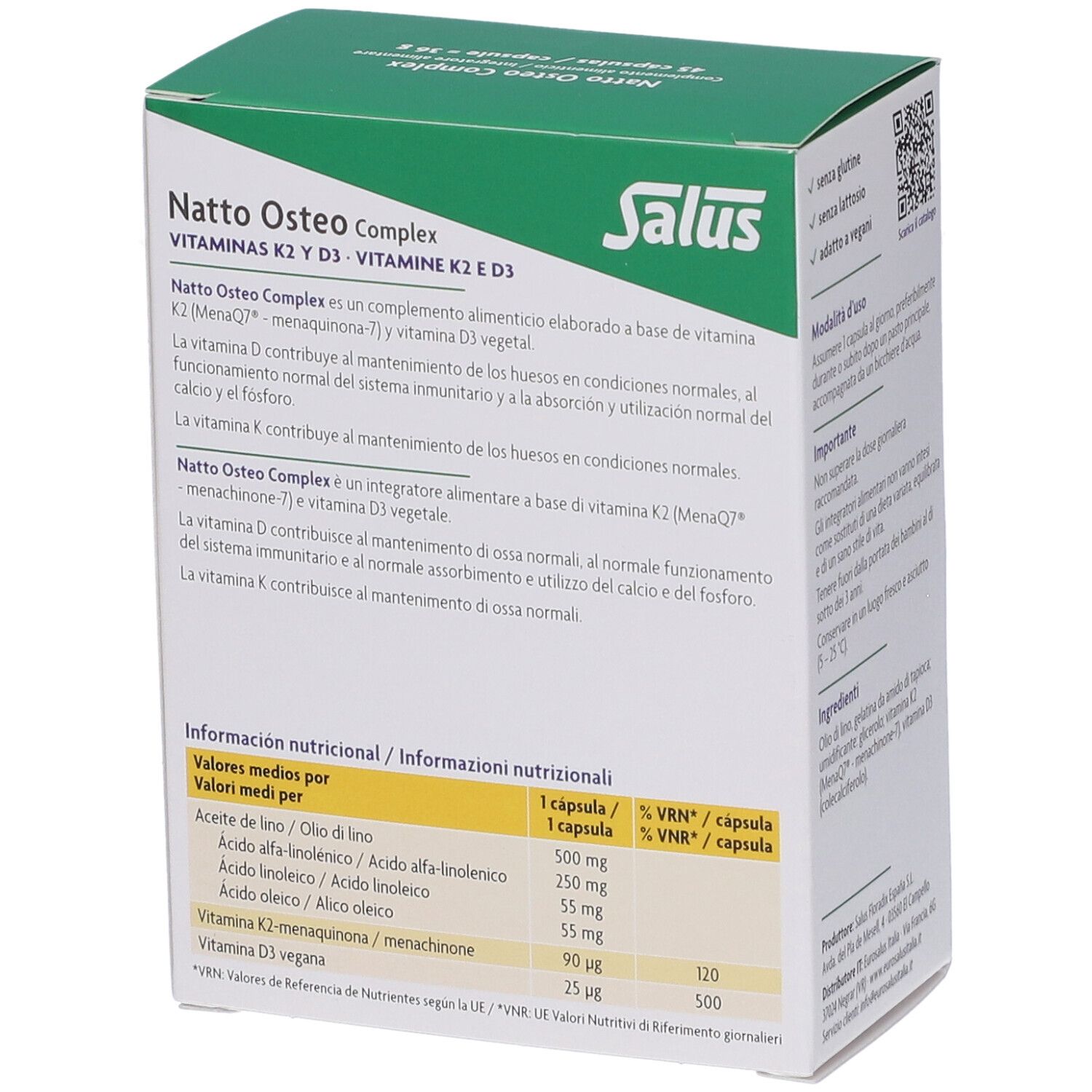 Retro della scatola Salus Natto Osteo Complex. Contiene informazioni nutrizionali e ingredienti.