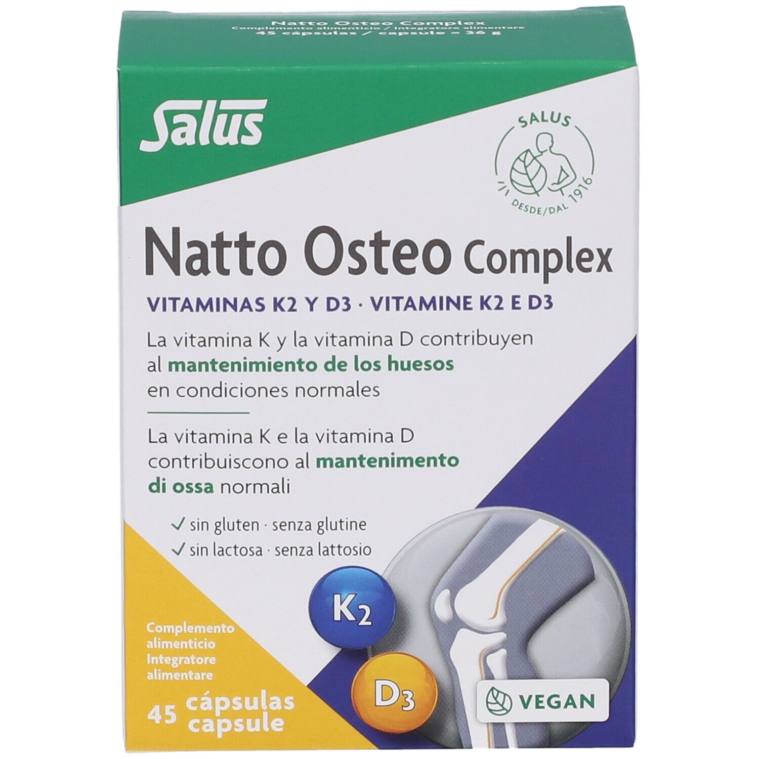 Scatola verde e bianca con logo Salus e nome del prodotto. Contiene 45 capsule. Vegano.