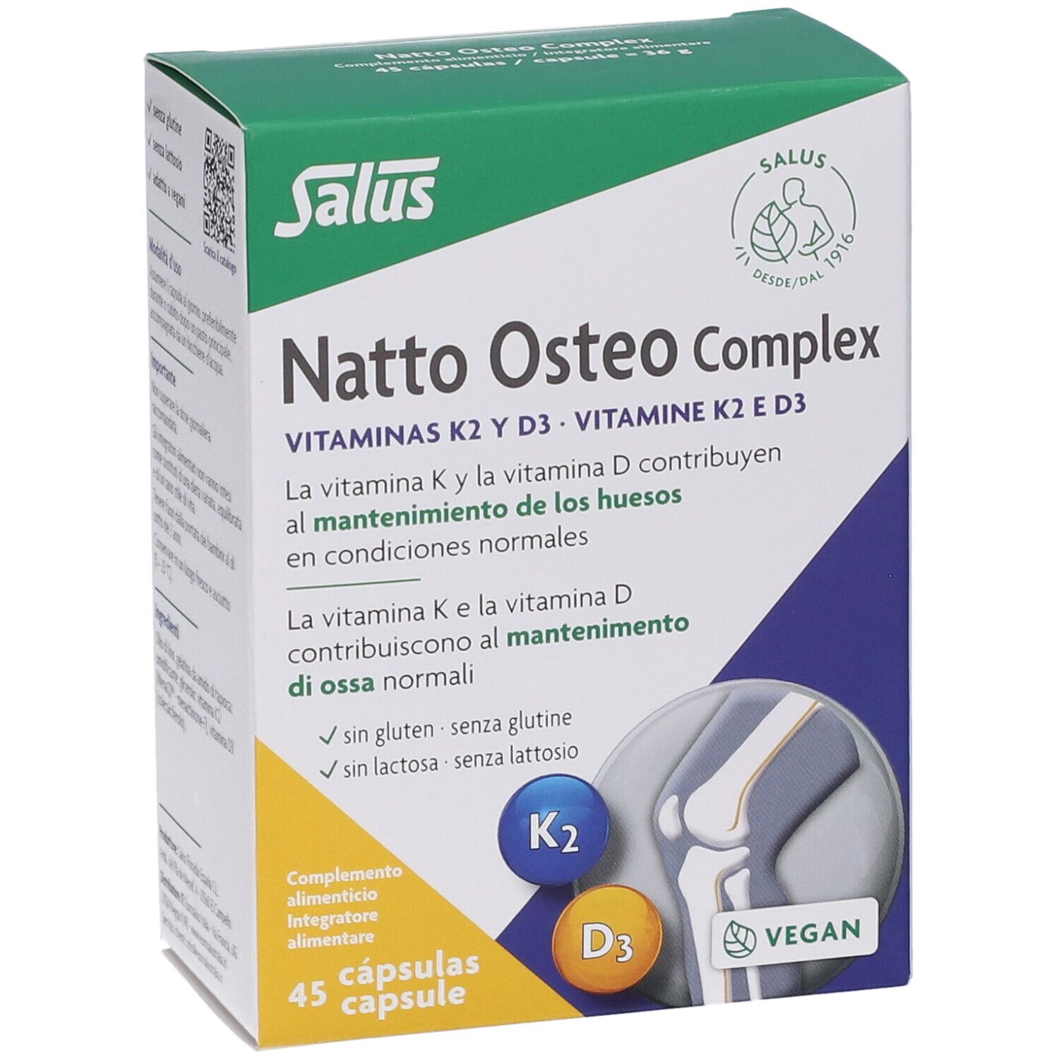 Scatola verde e bianca con logo Salus e nome del prodotto. Contiene 45 capsule. Vegano.