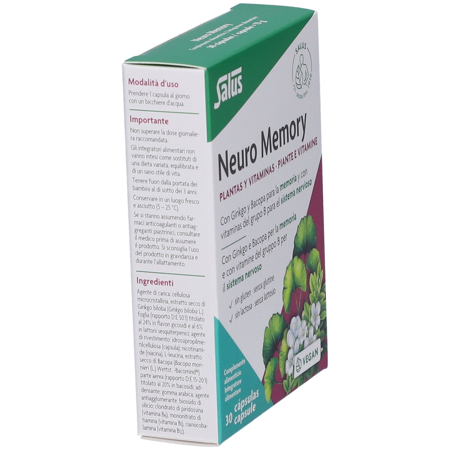 Scatola Salus Neuro Memory, vista obliqua. Scritta: Neuro Memory, piante e vitamine. 30 capsule. Vegan.