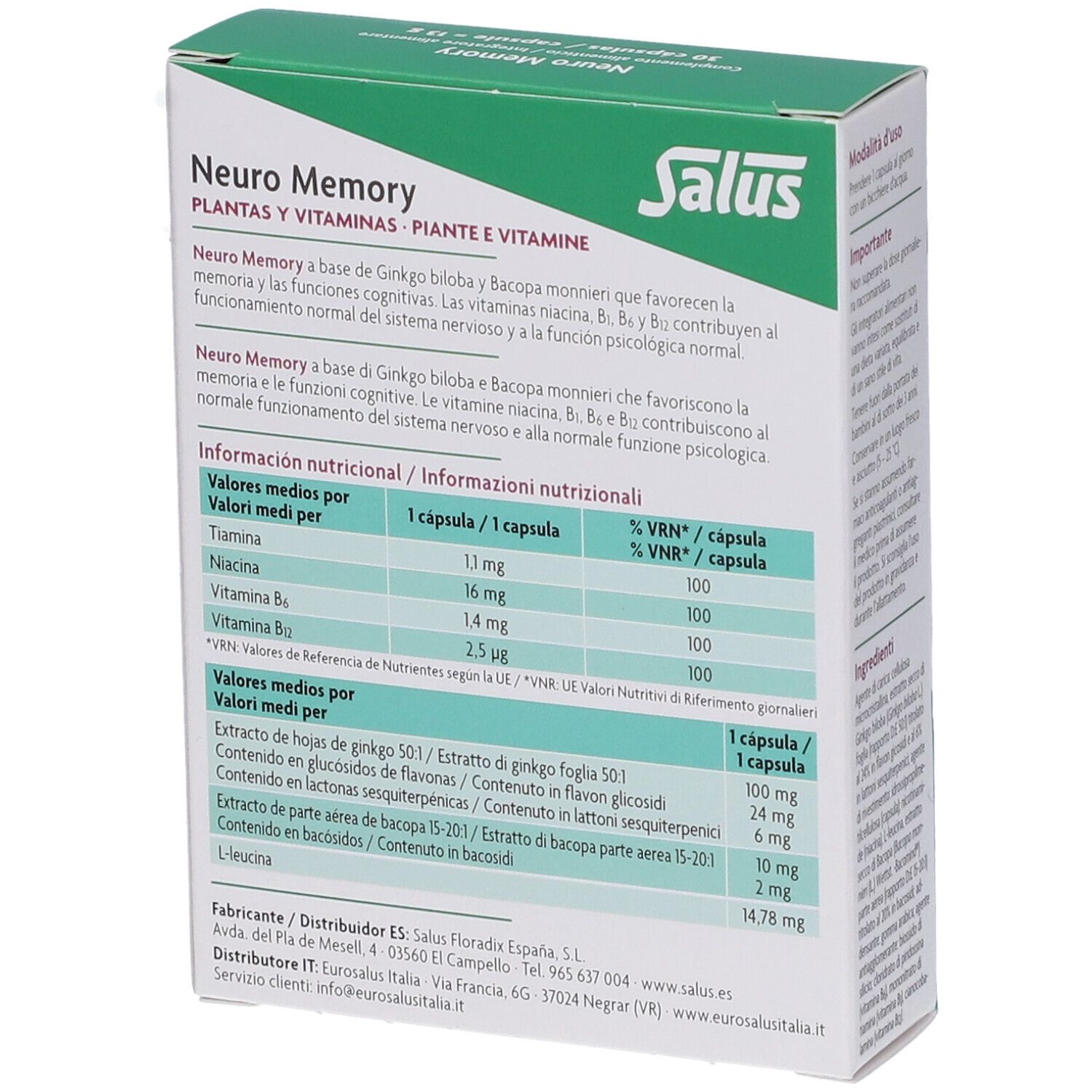 Retro della scatola Salus Neuro Memory. Testo con informazioni nutrizionali e ingredienti. Marchio Salus.