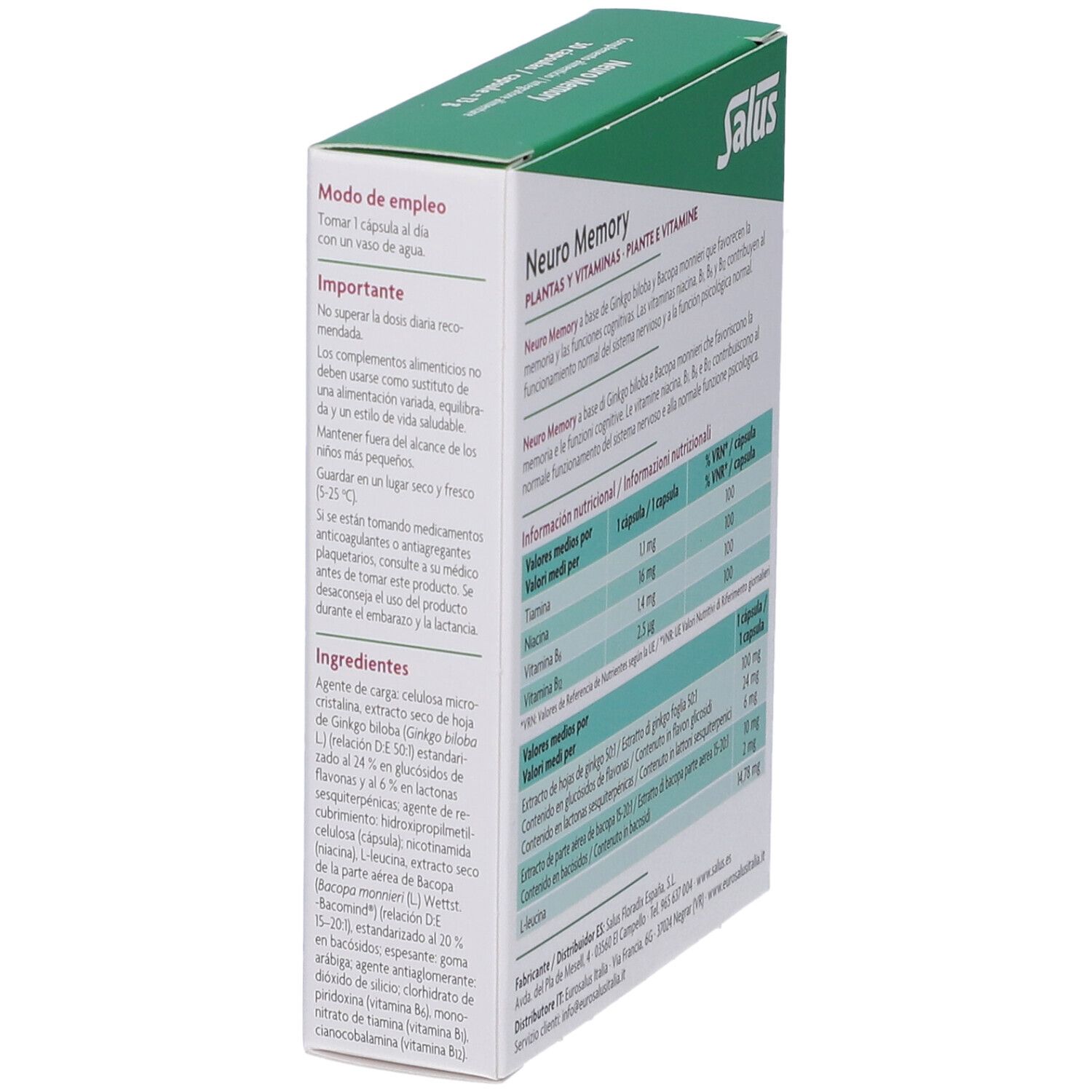 Scatola Salus Neuro Memory, vista obliqua. Testo con informazioni nutrizionali e ingredienti. Marchio Salus.