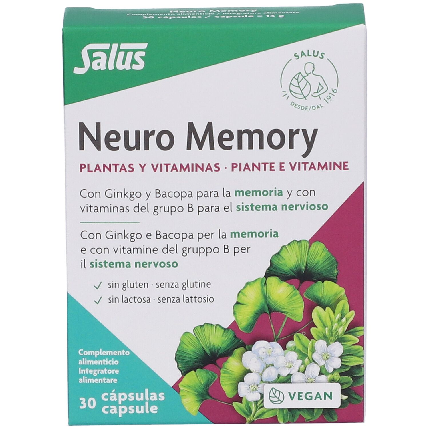 Scatola di capsule Salus Neuro Memory. Scritta: Neuro Memory, piante e vitamine. 30 capsule. Vegan.