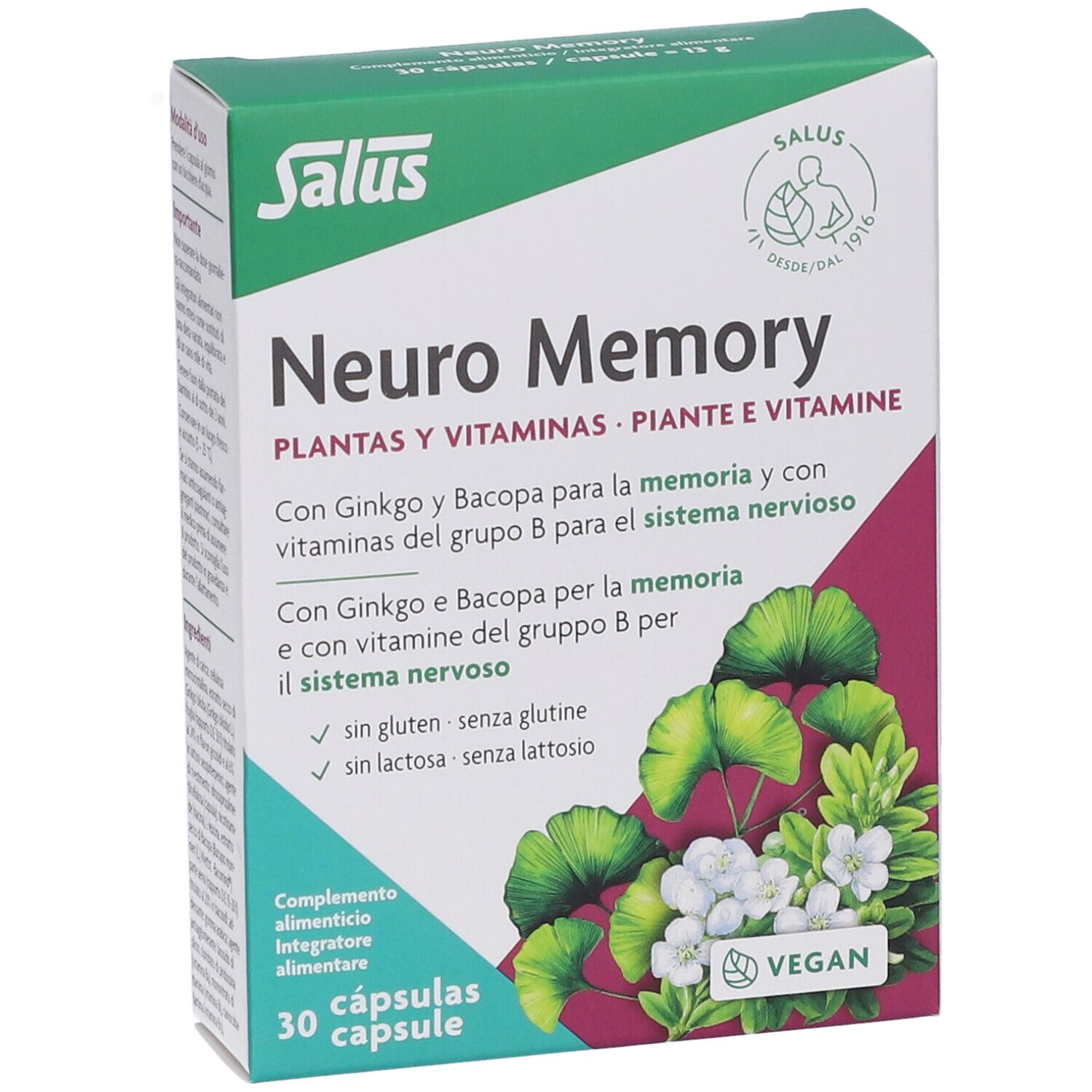 Scatola di capsule Salus Neuro Memory. Scritta: Neuro Memory, piante e vitamine. 30 capsule. Vegan.