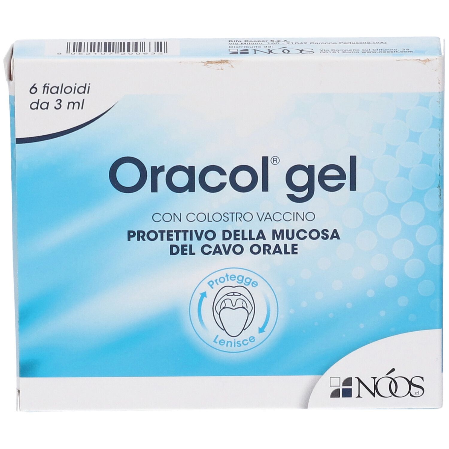 Confezione di Oracol gel, 6 flaconcini da 3 ml, con simbolo protettivo per la mucosa orale.