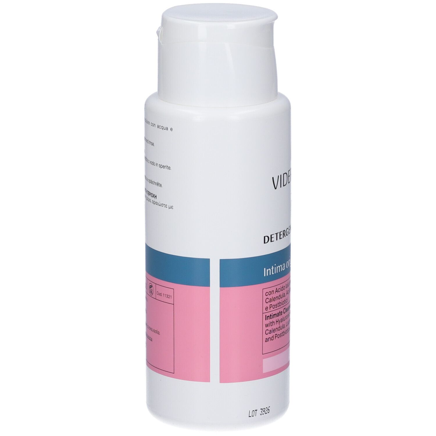 Flacone bianco con etichette rosa e blu. Testo: Vidermina, Detergente Intimo, Intima origyn, pH acido, Ingredienti.