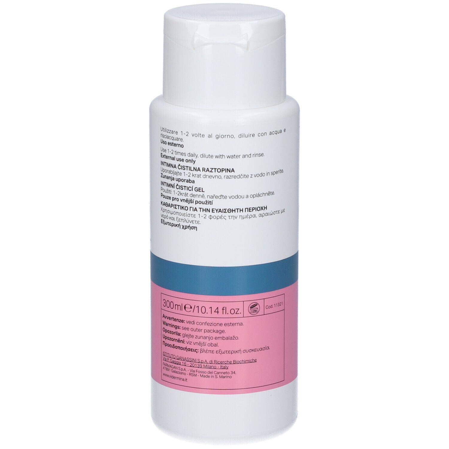 Flacone bianco con etichette rosa e blu. Testo: Vidermina, Detergente Intimo, Intima origyn, pH acido, 300ml/10.14 fl.oz.