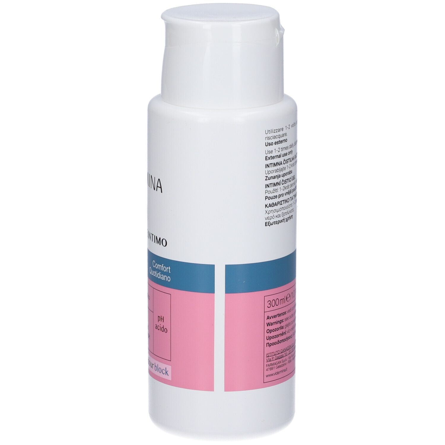 Flacone bianco con etichette rosa e blu. Testo: Vidermina, Detergente Intimo, Intima origyn, pH acido, 300ml.