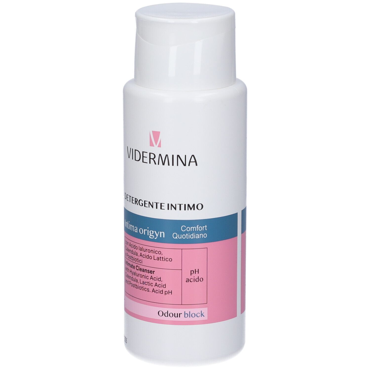 Flacone bianco con etichette rosa e blu. Testo: Vidermina, Detergente Intimo, Intima origyn, pH acido, Odour block.