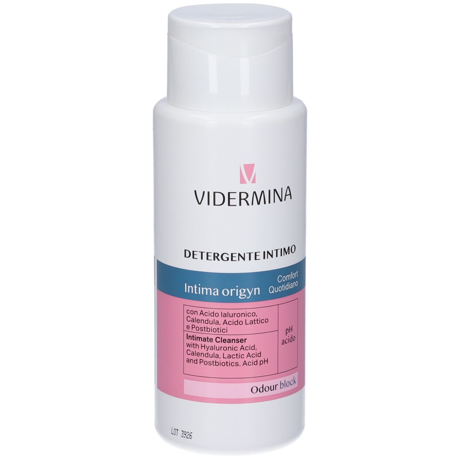Flacone bianco con etichette rosa e blu. Testo: Vidermina, Detergente Intimo, Intima origyn, pH acido, Odour block.
