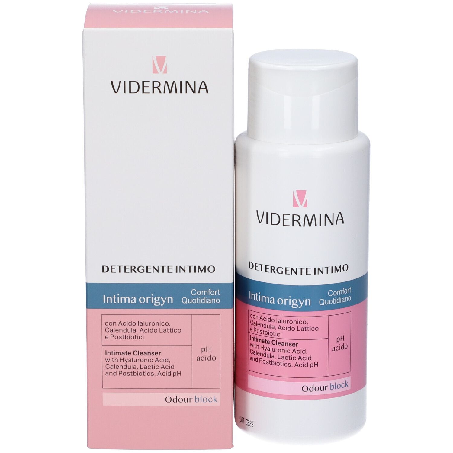 Confezione del prodotto con flacone. Testo: Vidermina, Detergente Intimo, Intima origyn, pH acido, Odour block.