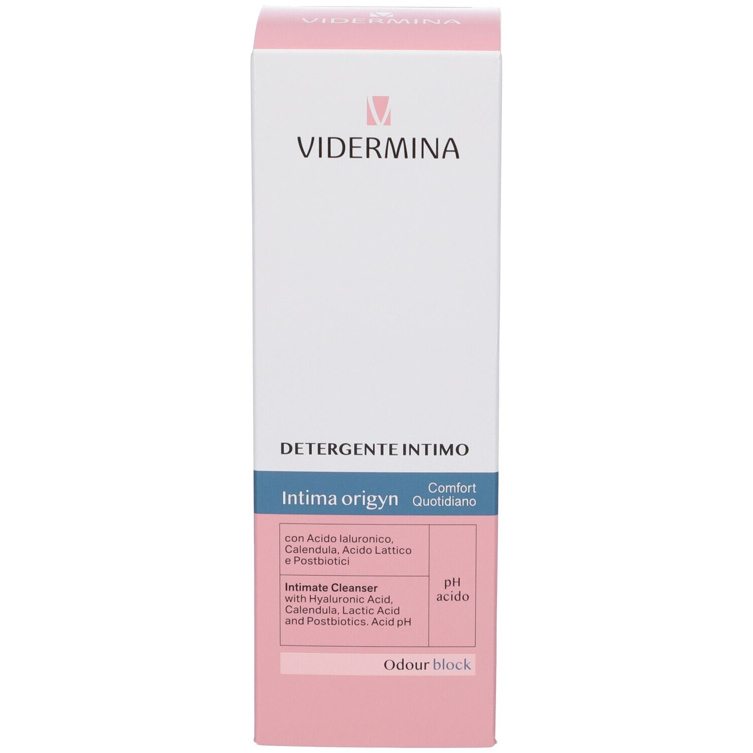 Confezione del prodotto. Testo: Vidermina, Detergente Intimo, Intima origyn, pH acido, Odour block.