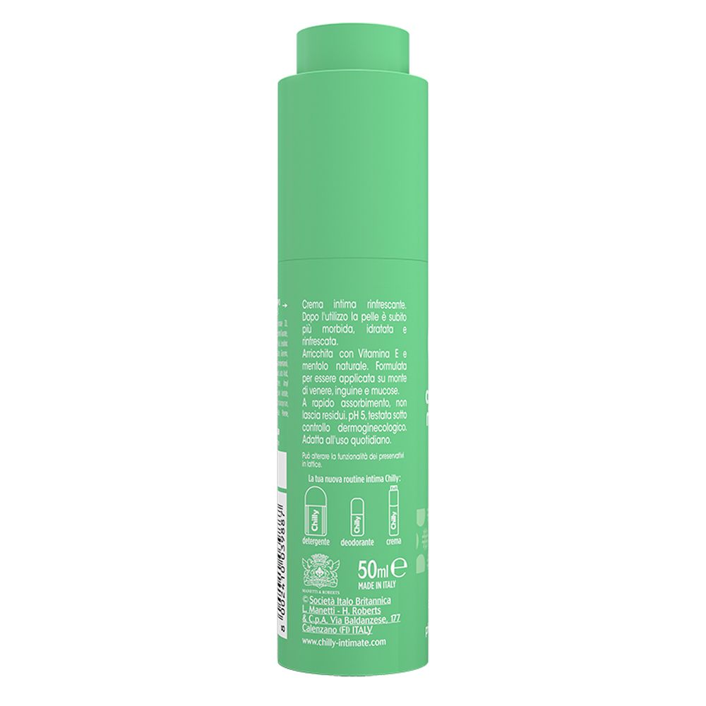 Retro flacone verde Chilly. Testo: 'Crema Intima Rinfrescante'. Ingredienti, pH 5, 50ml.