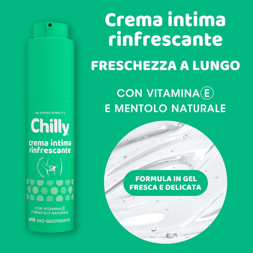 Chilly Crema Intima Rinfrescante, flacone verde. Testo: 'Freschezza a lungo'. Con vitamina E e mentolo naturale.
