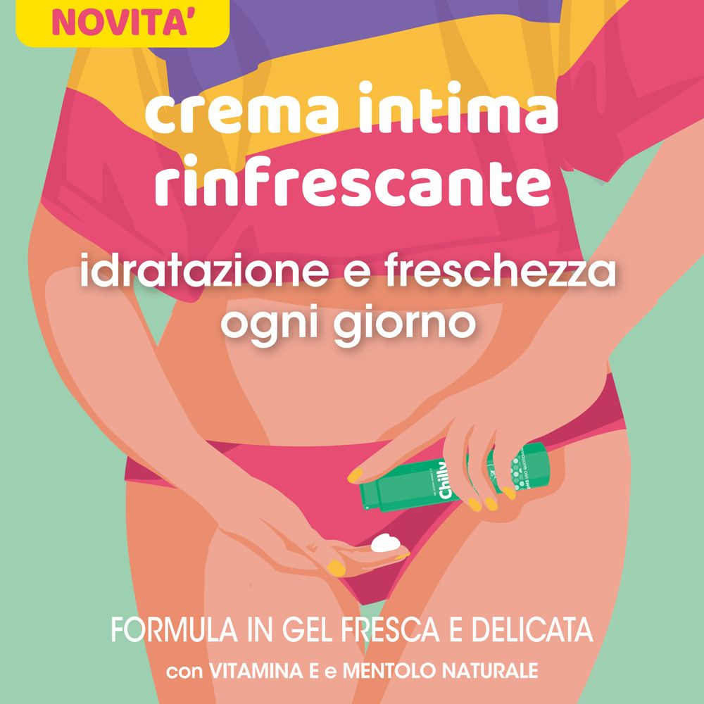 Illustrazione: donna usa Chilly Crema Intima Rinfrescante. Testo: 'Idratazione e freschezza ogni giorno'.