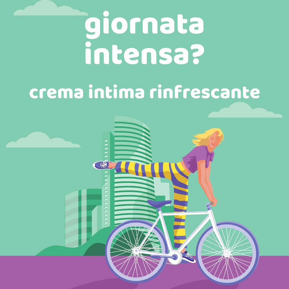 Illustrazione: donna in bicicletta. Testo: 'Crema Intima Rinfrescante'. Sfondo: paesaggio urbano.