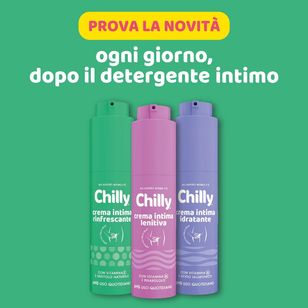 Tre flaconi Chilly: verde, rosa, blu. Testo: 'Crema Intima Rinfrescante, Lenitiva, Idratante'.