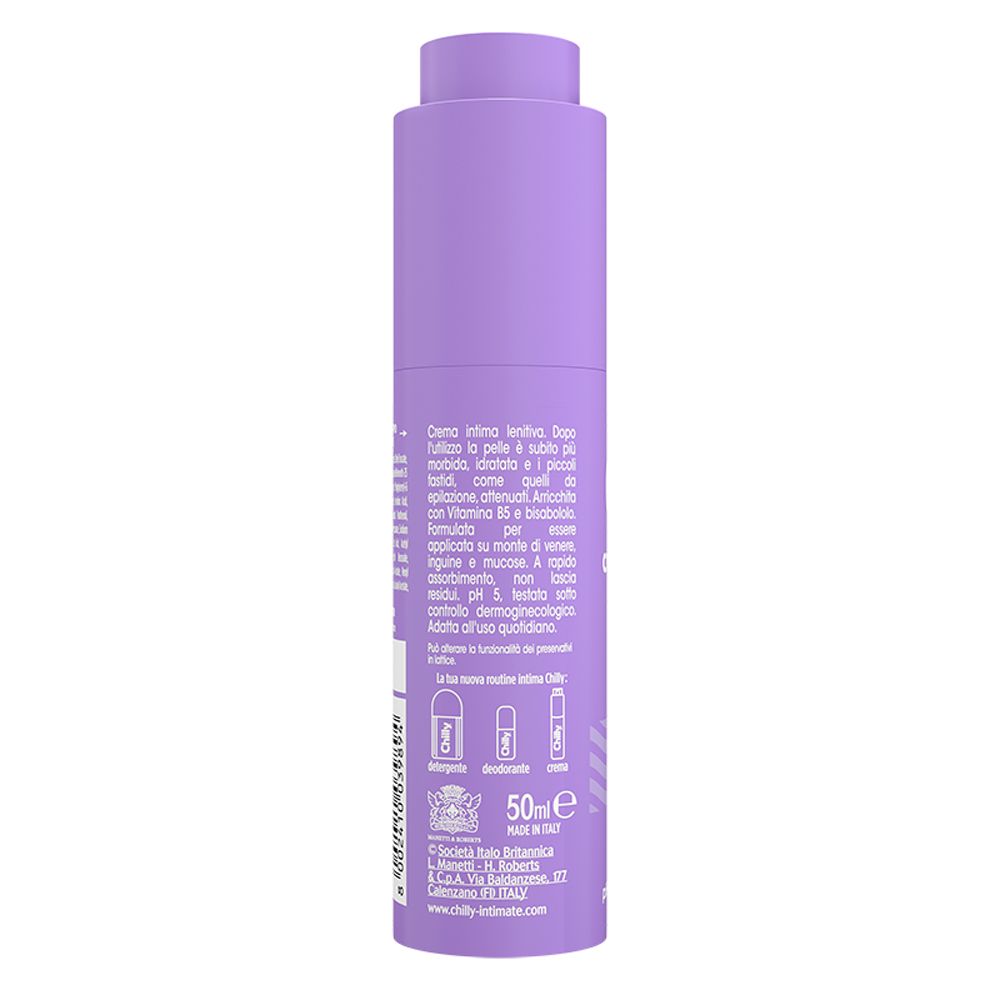 Retro del flacone lilla. Testo: Creme intima lenitiva. Informazioni sul prodotto, codice a barre, 50 ml.