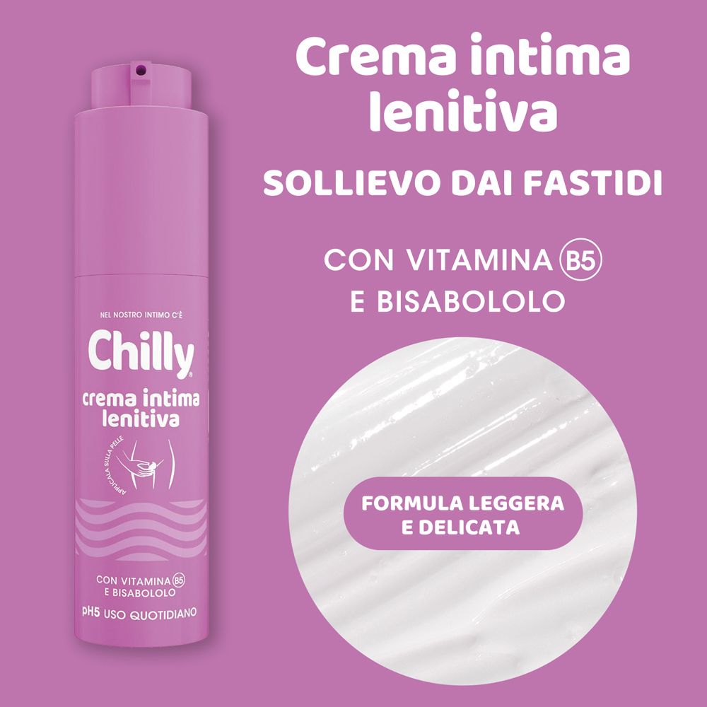 Sfondo rosa con prodotto. Testo: Crema intima lenitiva. Con vitamina B5 e bisabololo. Formula leggera e delicata.