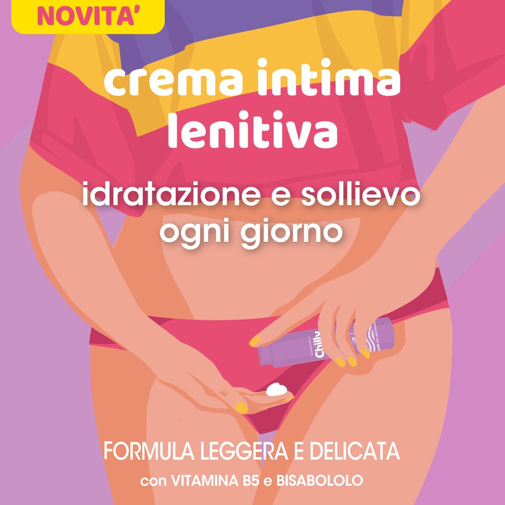 Illustrazione di una persona che applica la crema. Testo: Crema intima lenitiva. Con vitamina B5 e bisabololo.