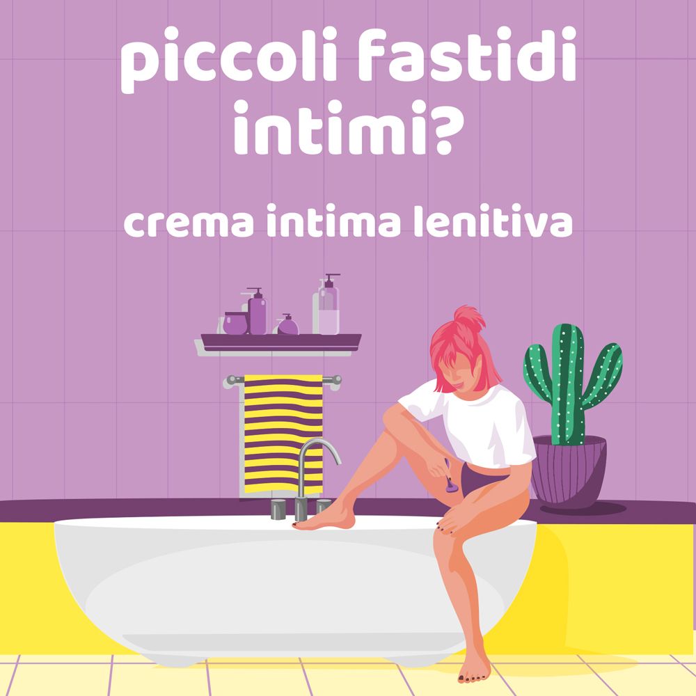 Illustrazione di una persona nella vasca da bagno. Testo: Crema intima lenitiva.