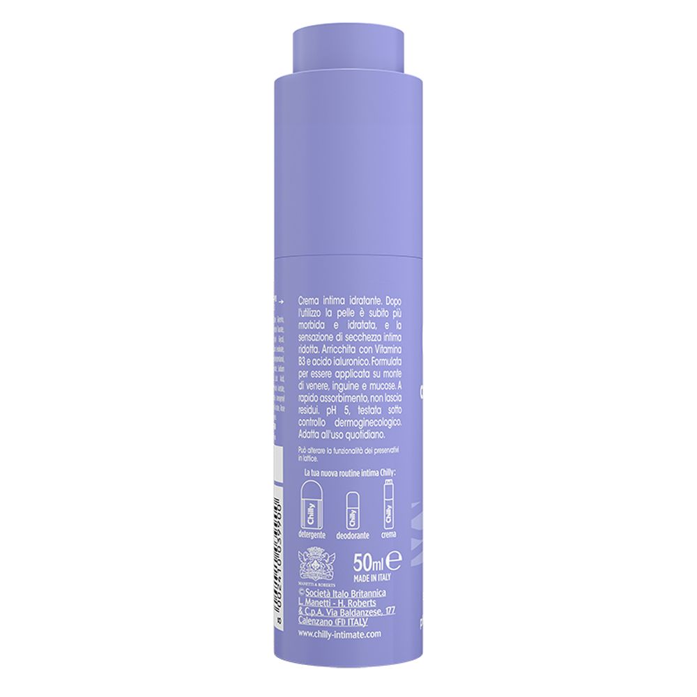 Retro del flacone lilla. Contiene informazioni sul prodotto e logo. 50ml. Dermatologicamente testato.