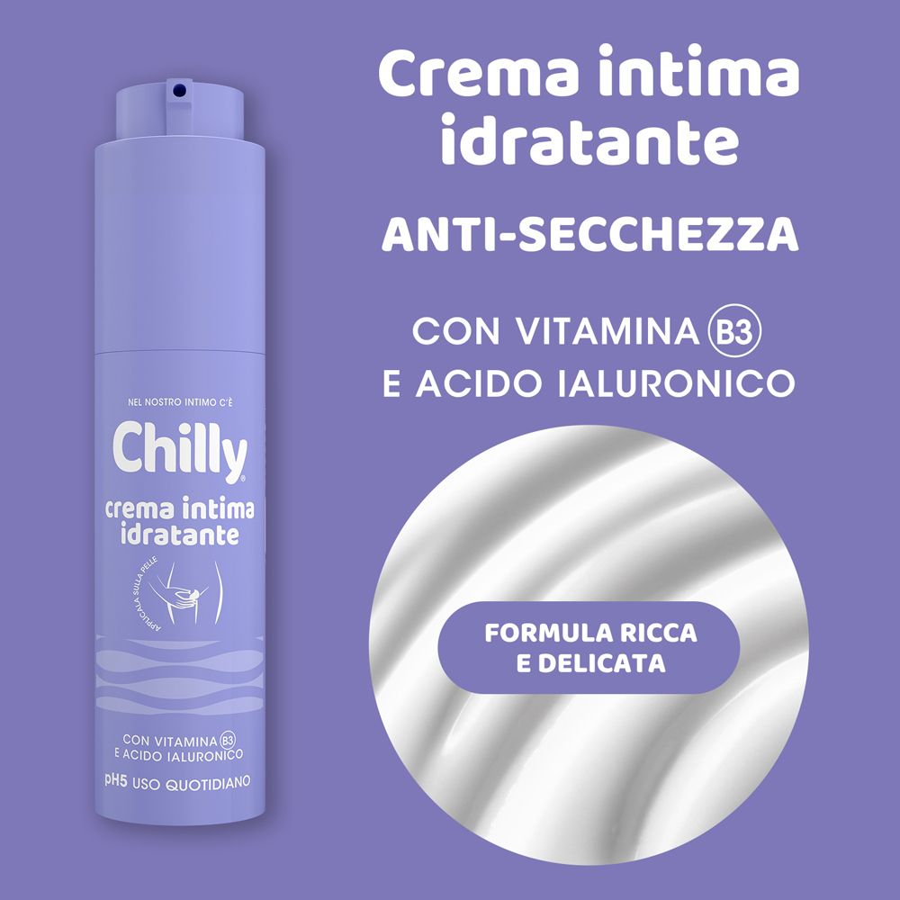 Immagine pubblicitaria con prodotto e testo. 'Crema Intima Idratante'. Anti-secchezza. Con vitamina B3 e acido ialuronico.
